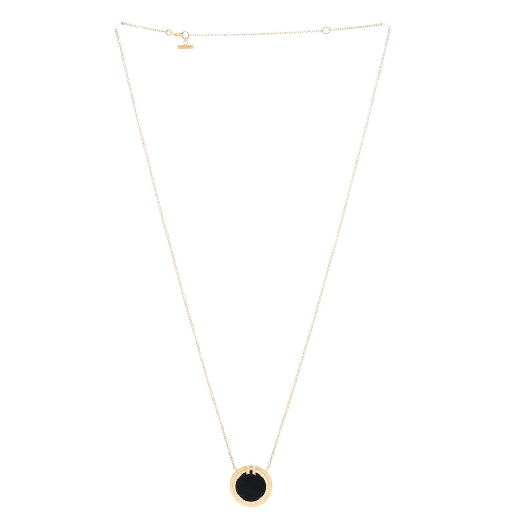 T Circle Pendant Necklace 18K Yellow Gold with Onyx and Diamonds Large