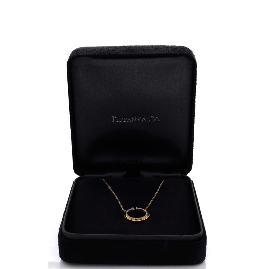 T Circle Pendant Necklace 18K Yellow Gold with Onyx and Diamonds Large