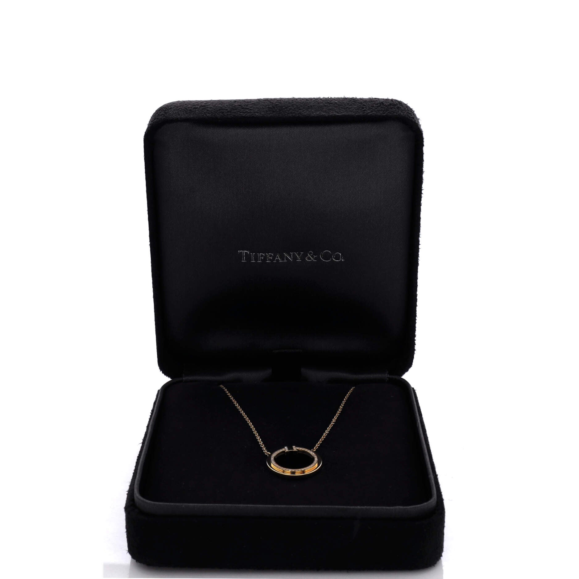 T Circle Pendant Necklace 18K Yellow Gold with Onyx and Diamonds Large
