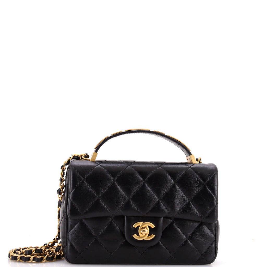 Coco CC Plaques Top Handle Flap Bag Quilted Lambskin Mini