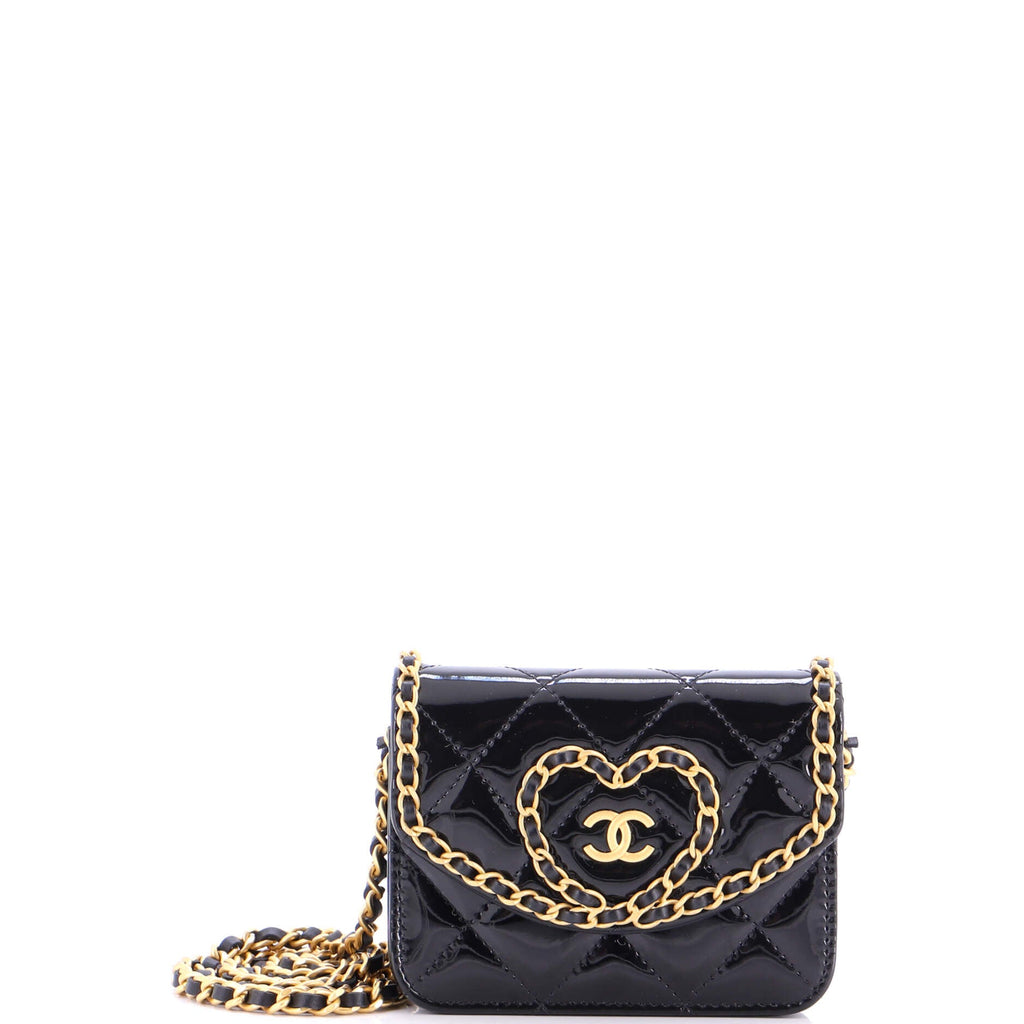 Heart Chain Flap Bag Quilted Patent Mini