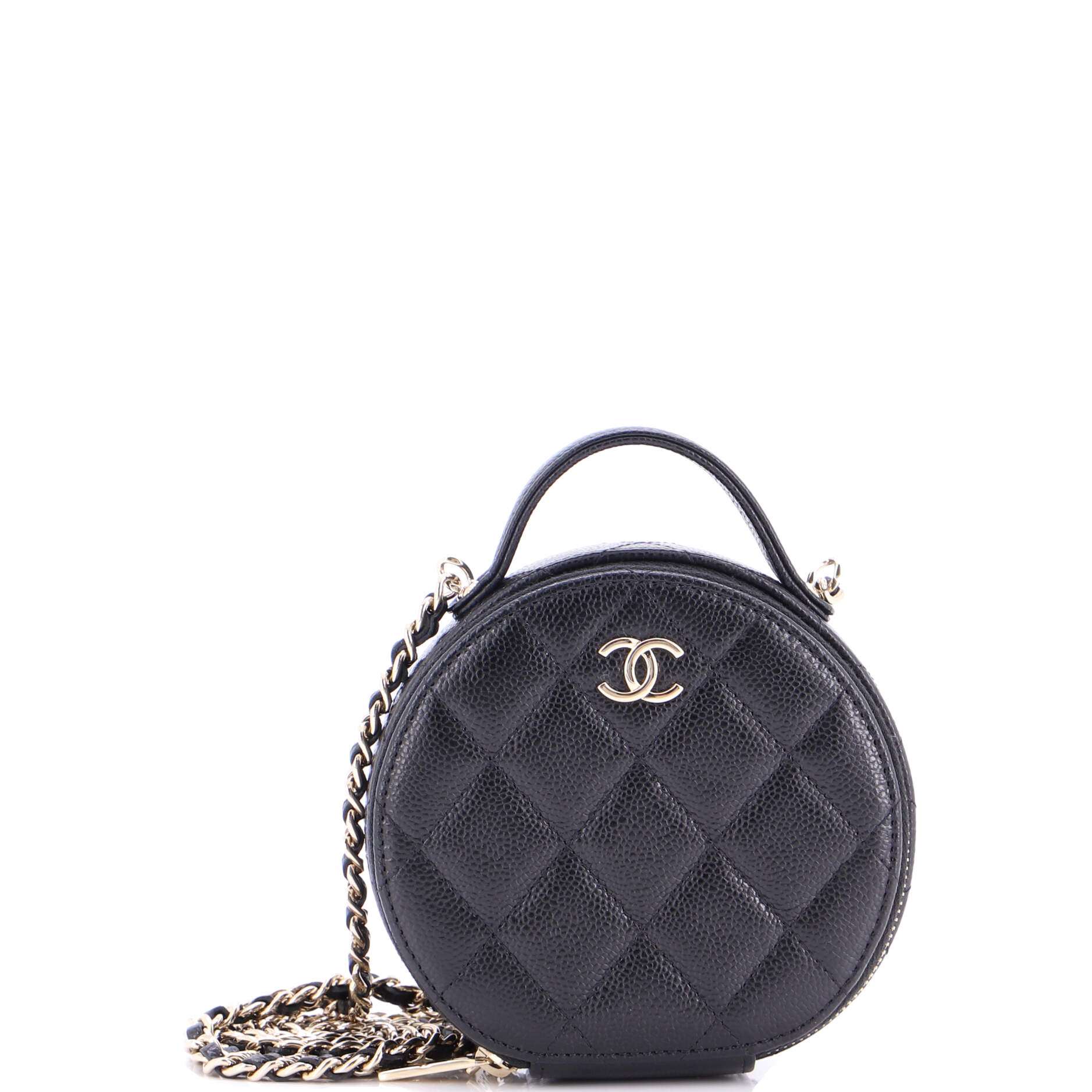 Handle with Care Round Vanity Case with Chain Quilted Caviar Small