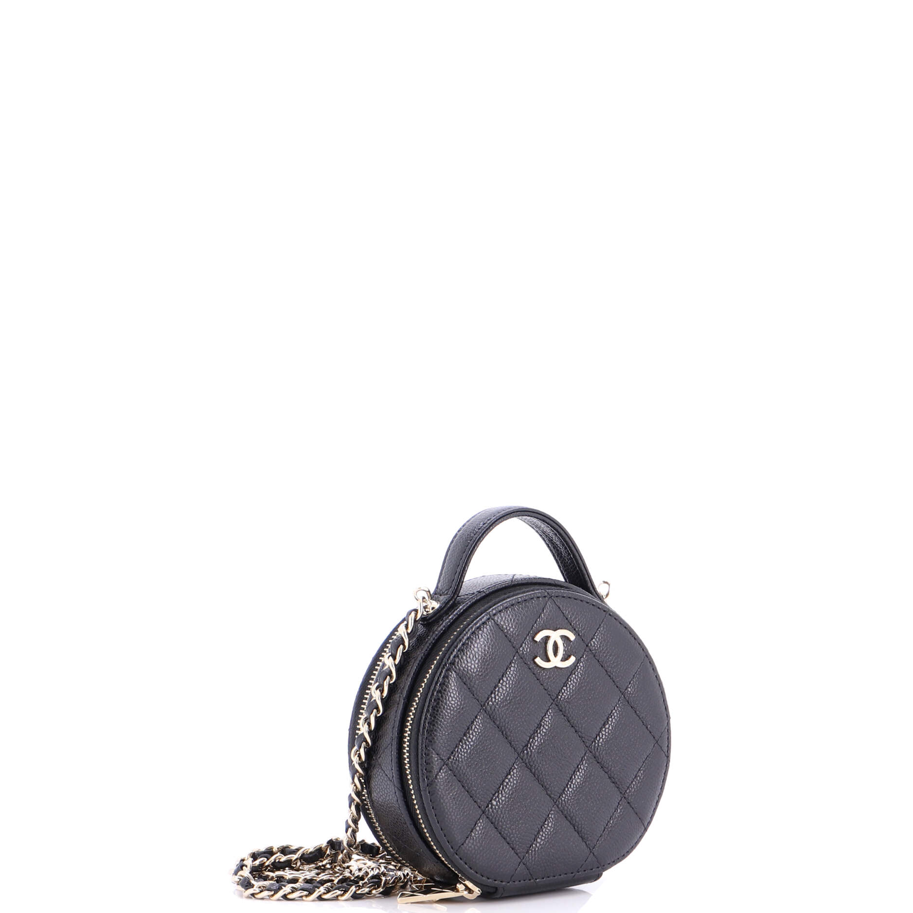 Handle with Care Round Vanity Case with Chain Quilted Caviar Small