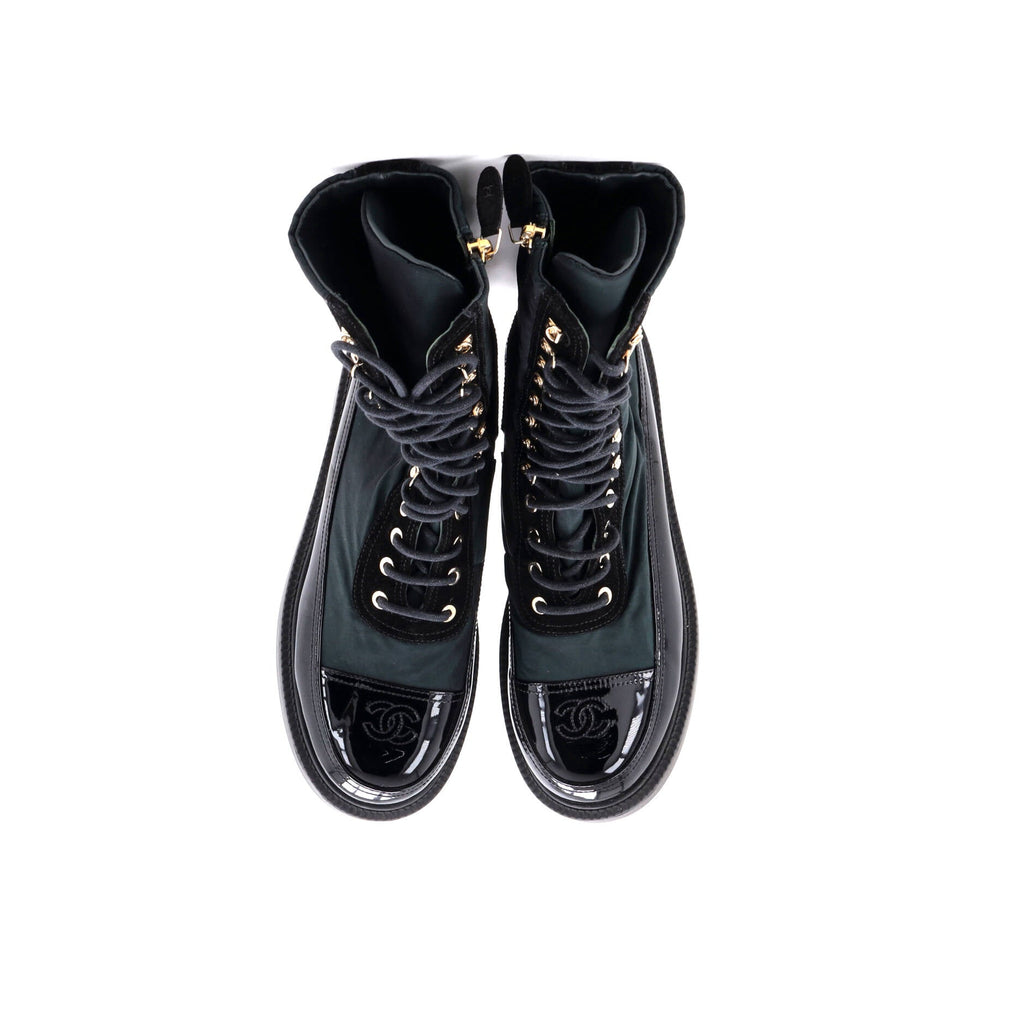 Women's CC Cap Toe Lace Up Boots Nylon with Suede and Patent