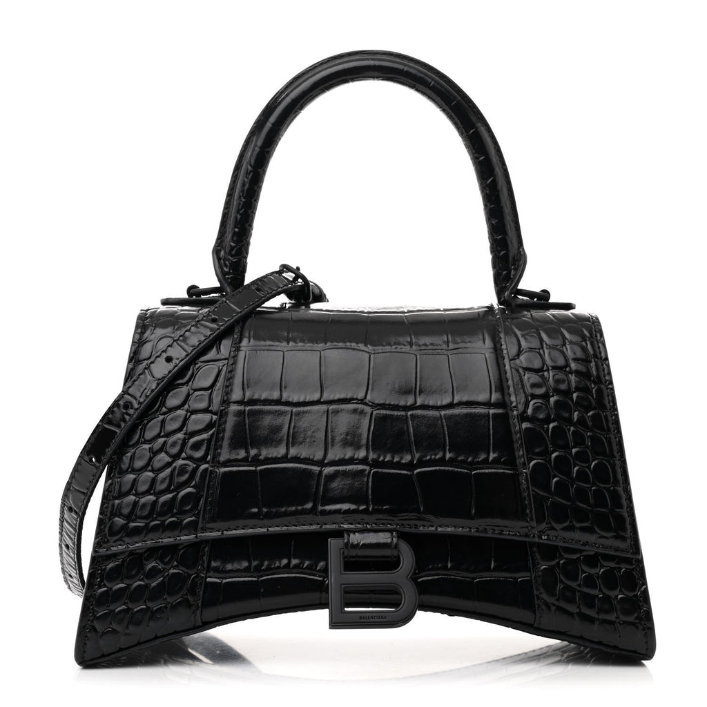 Shiny Calfskin Monochrome Crocodile Embossed Small Hourglass Top Handle Bag Black