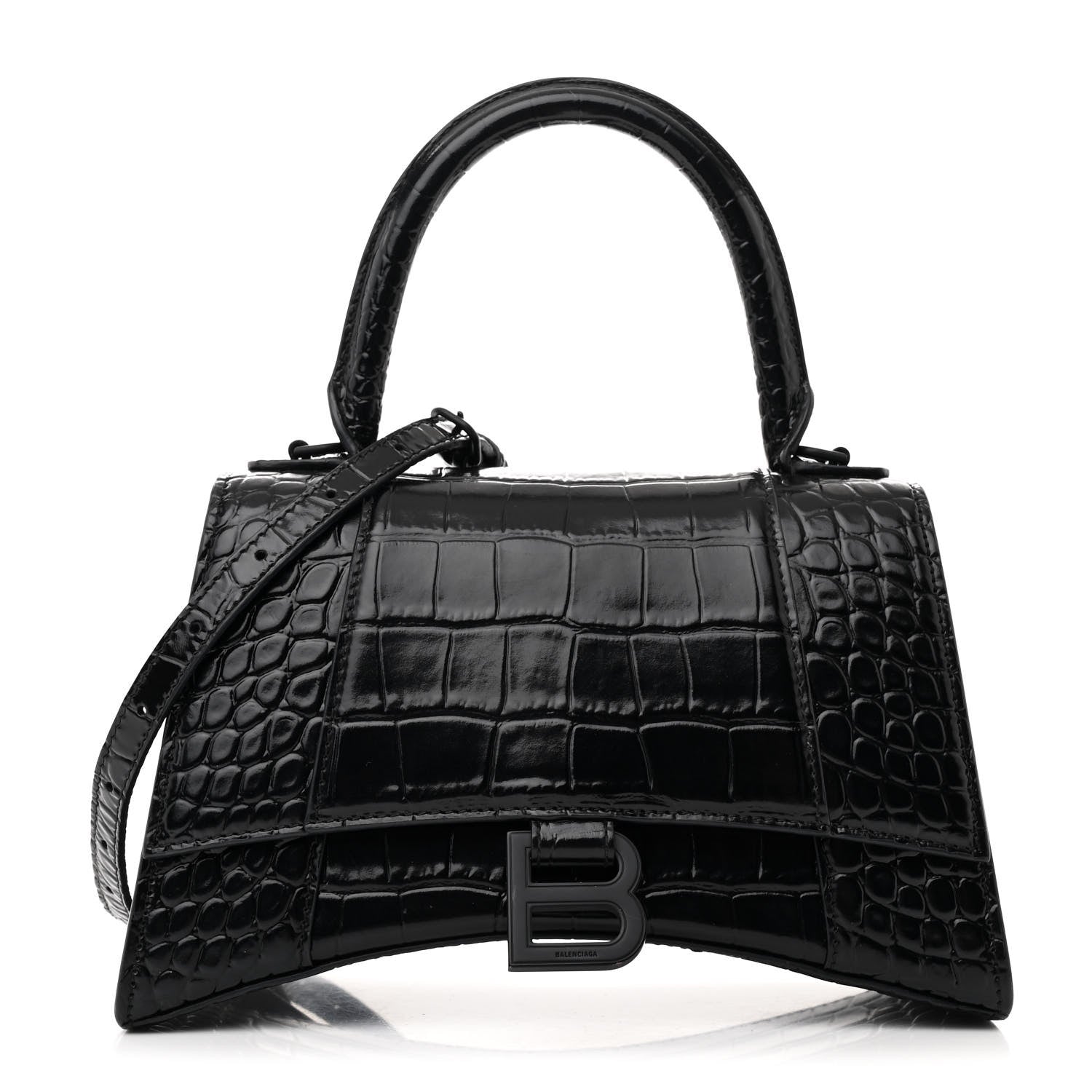 Shiny Calfskin Monochrome Crocodile Embossed Small Hourglass Top Handle Bag Black