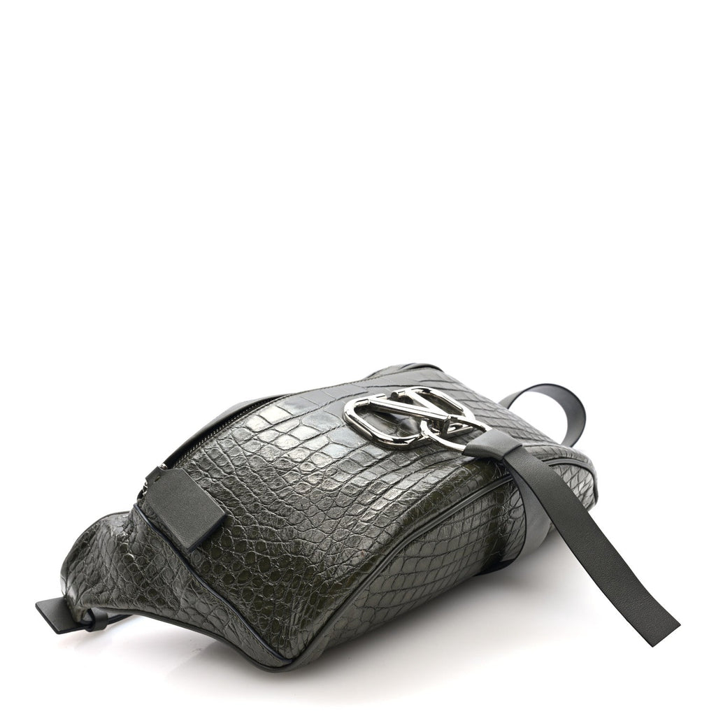 Shiny Calfskin Alligator Embossed VRing Belt Bag Khaki