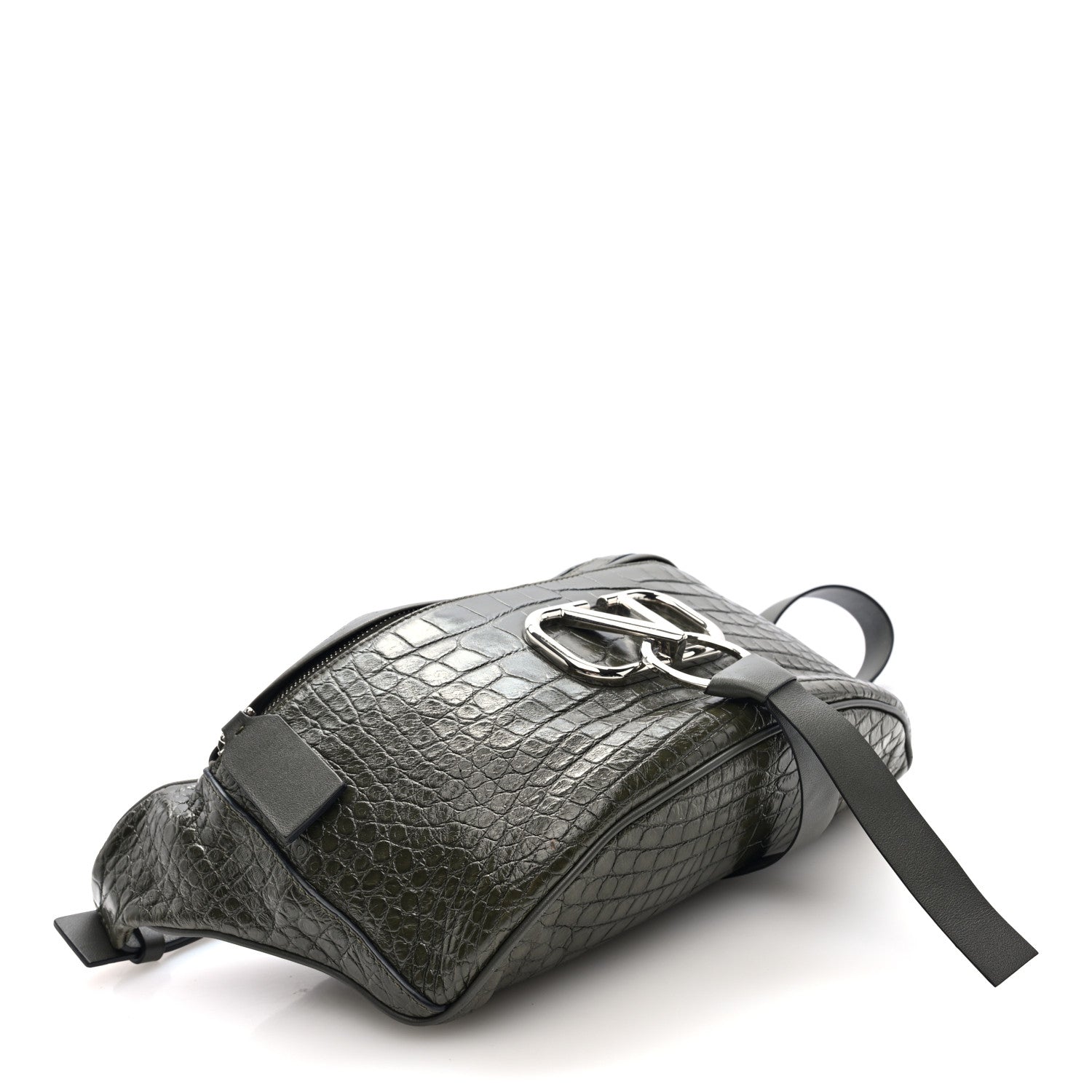Shiny Calfskin Alligator Embossed VRing Belt Bag Khaki