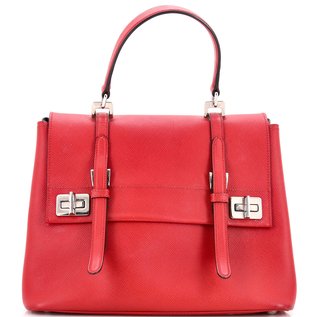 Half Flap Double Turn Lock Satchel Saffiano Leather Medium