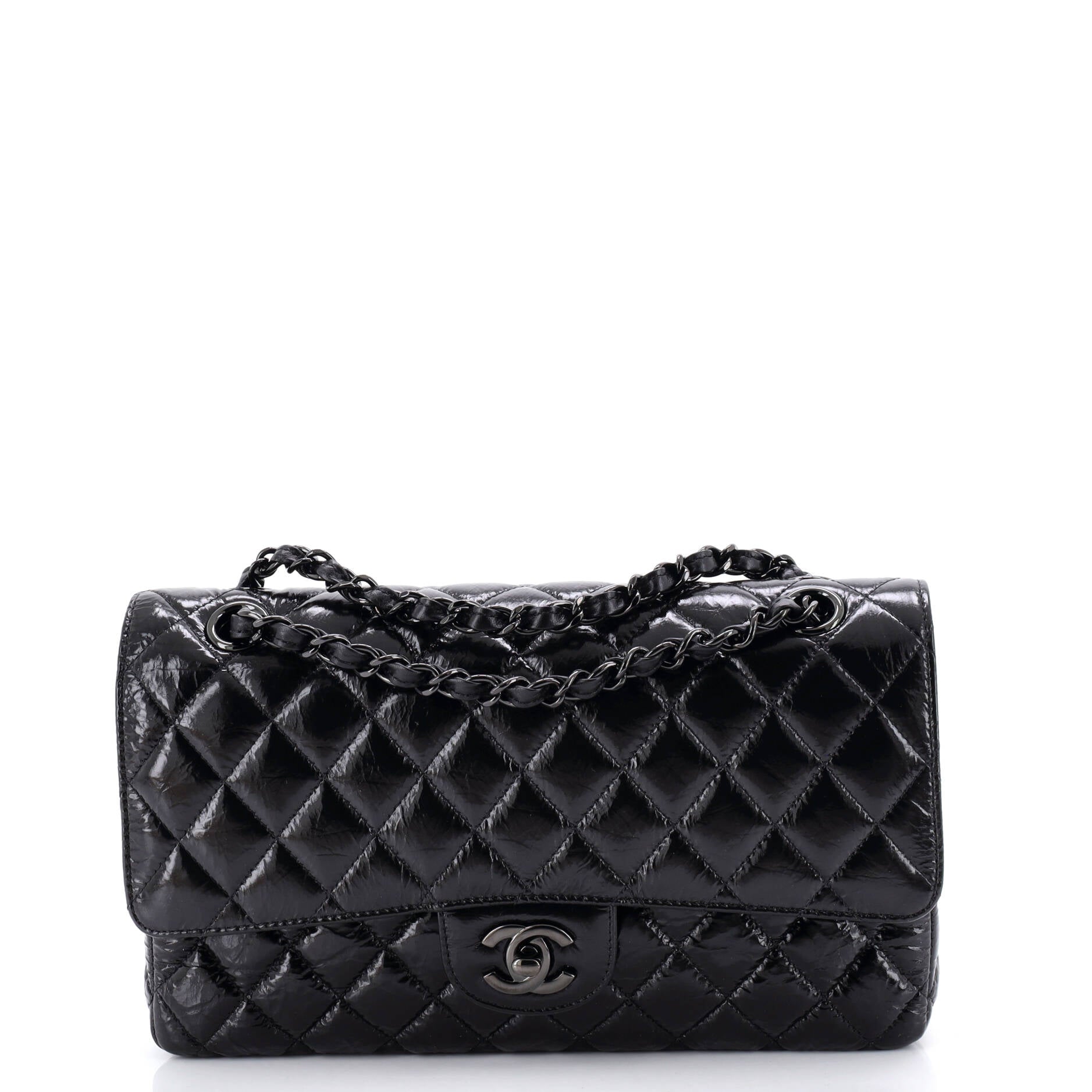 So Black Classic Double Flap Bag Quilted Shiny Crumpled Calfskin Medium