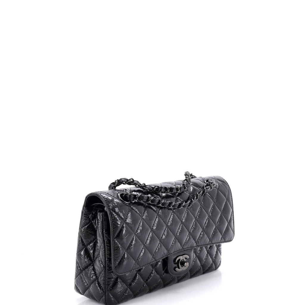 So Black Classic Double Flap Bag Quilted Shiny Crumpled Calfskin Medium