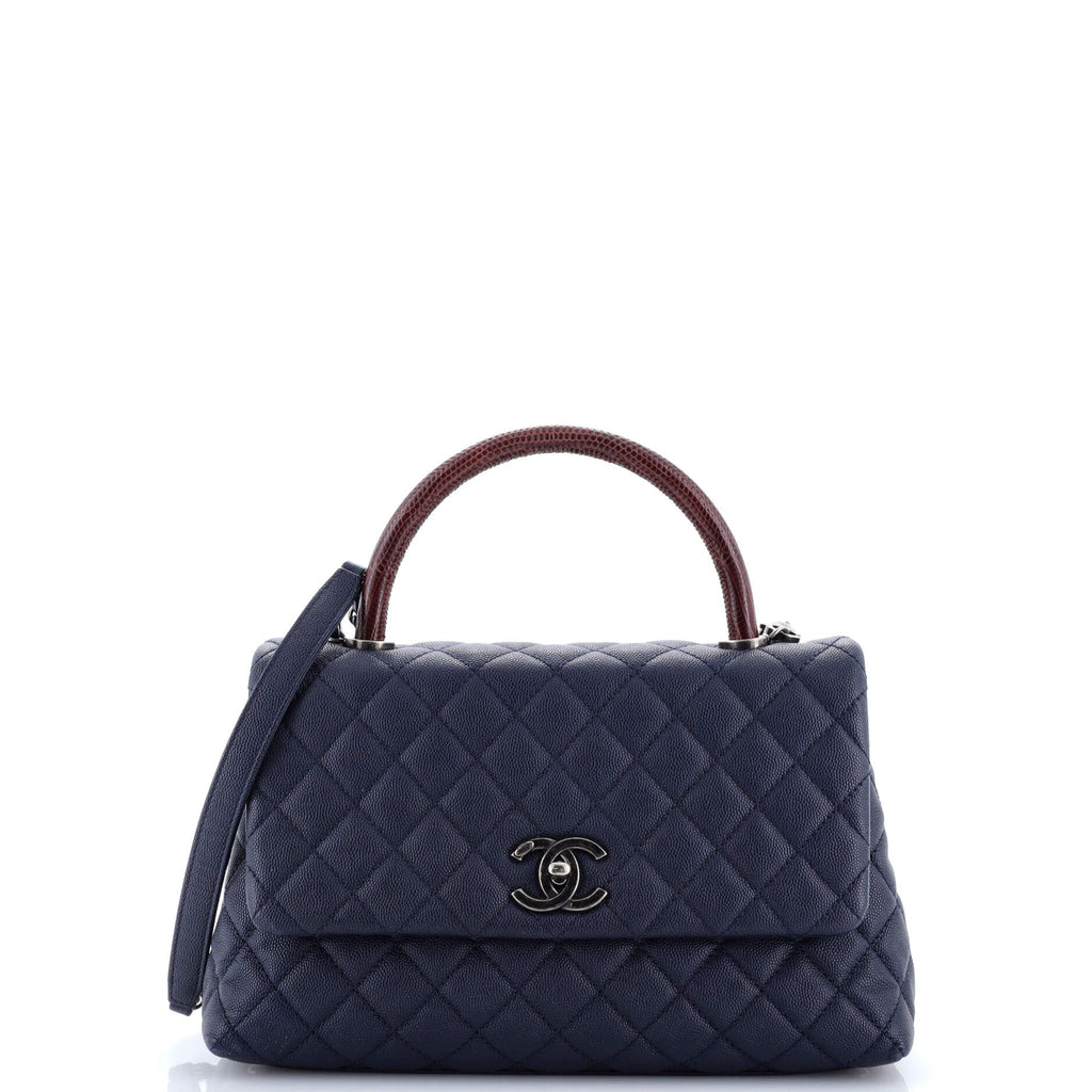 Coco Top Handle Bag Quilted Caviar with Lizard Embossed Handle Small