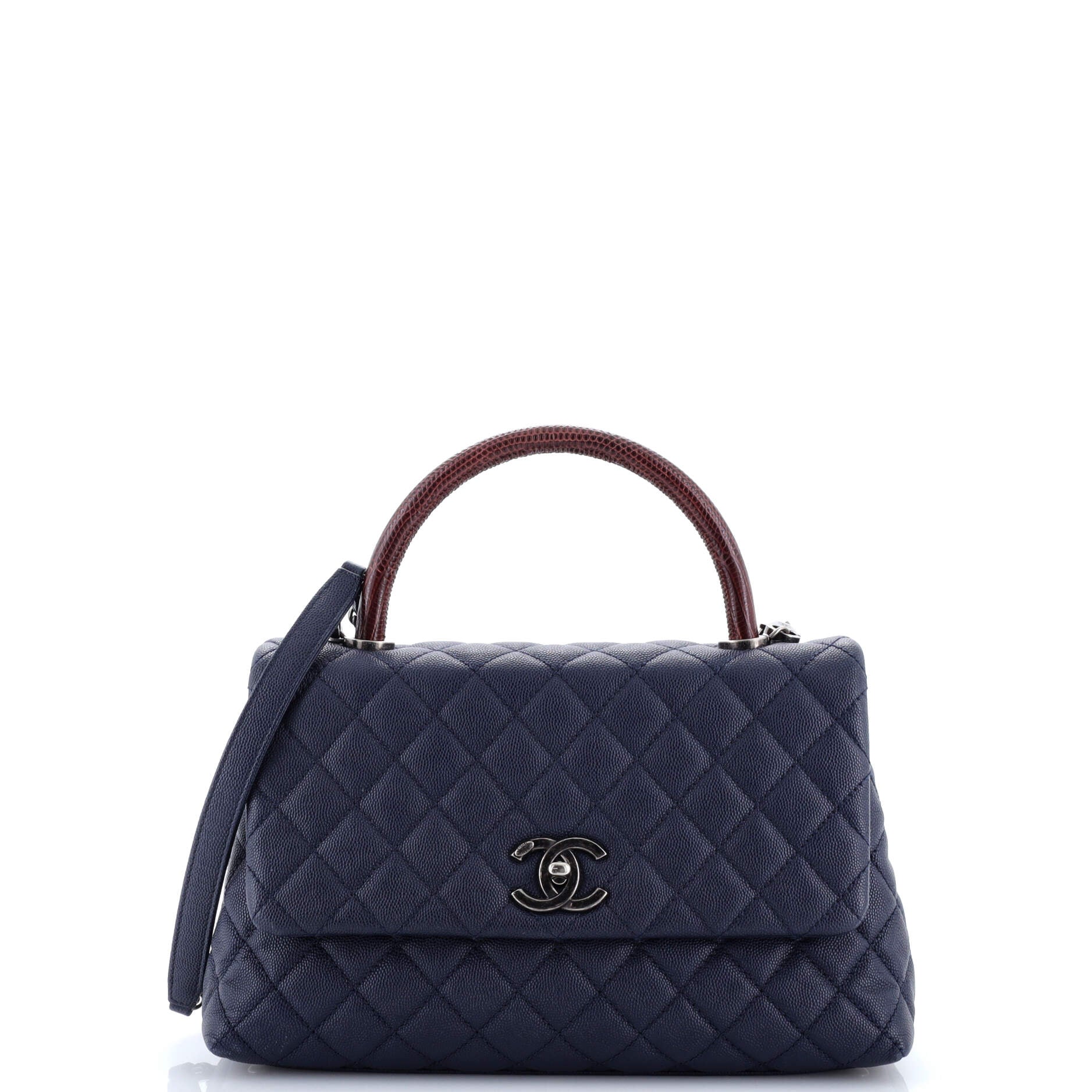 Coco Top Handle Bag Quilted Caviar with Lizard Embossed Handle Small