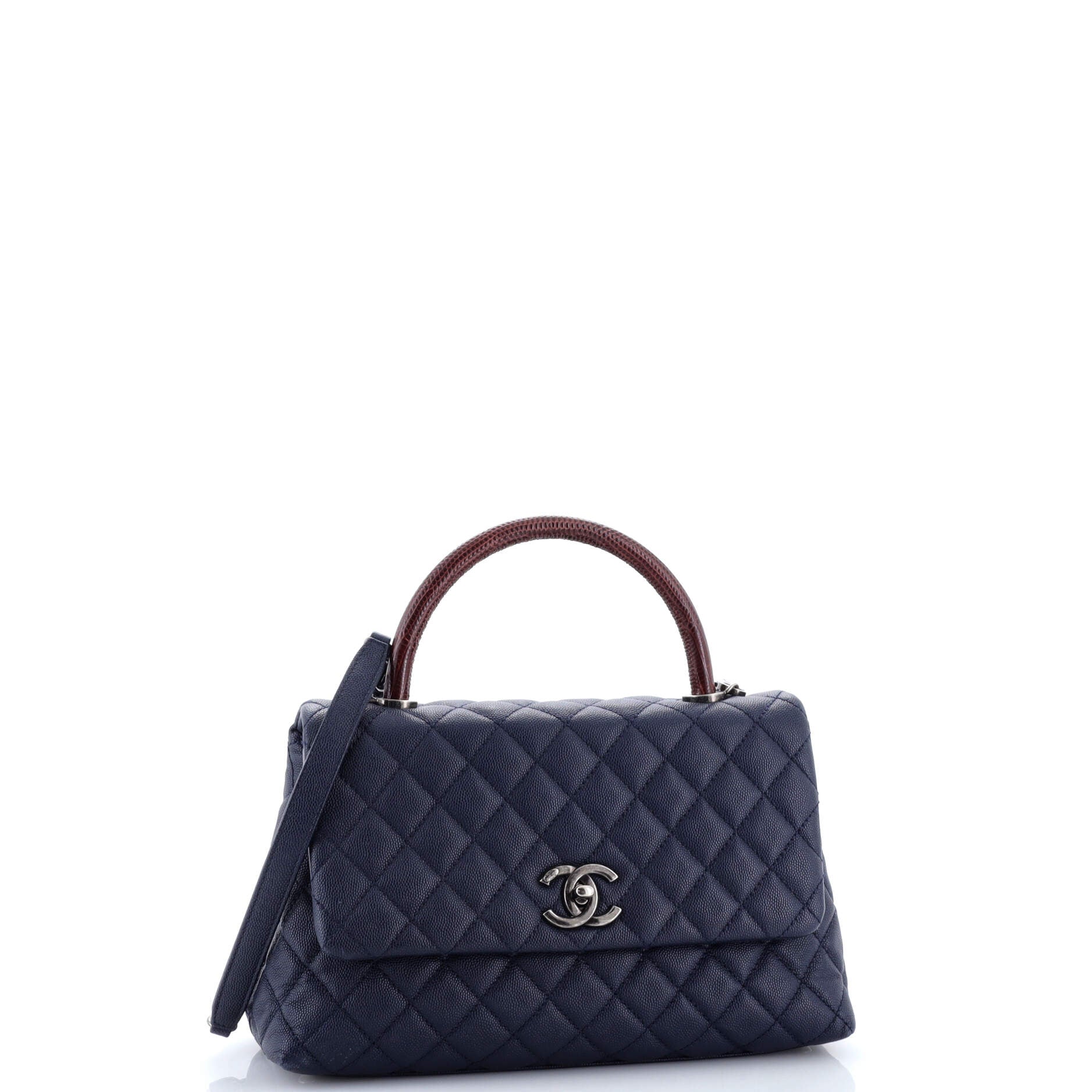 Coco Top Handle Bag Quilted Caviar with Lizard Embossed Handle Small