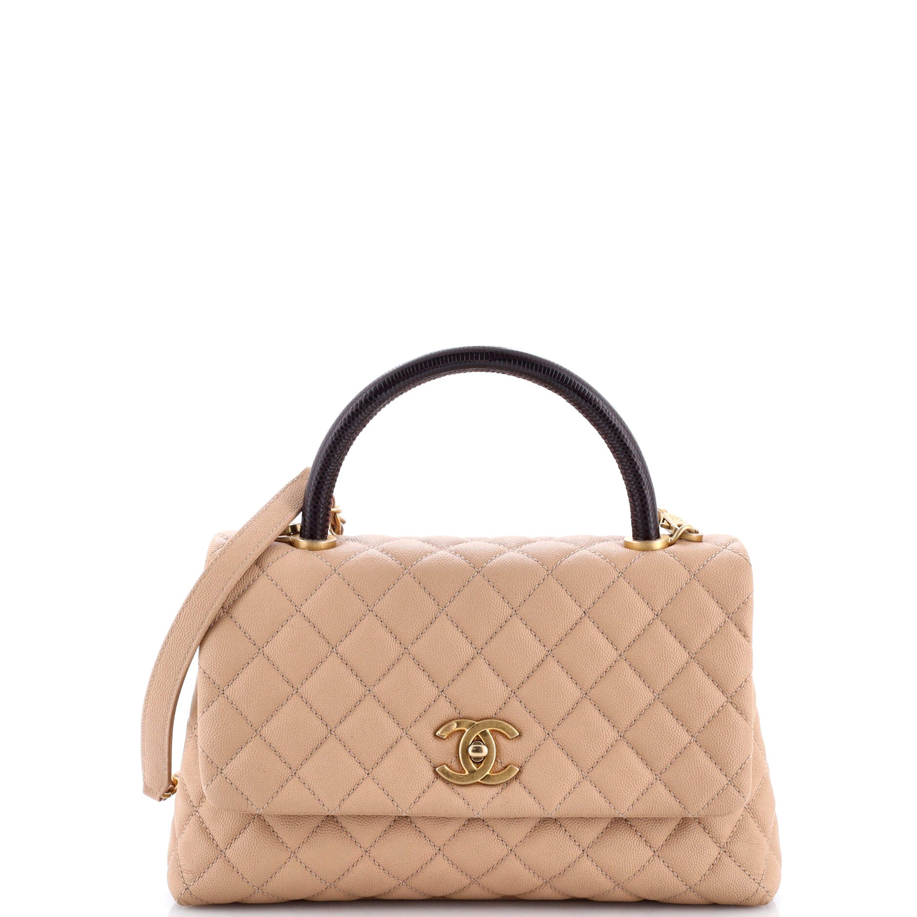 Coco Top Handle Bag Quilted Caviar with Lizard Embossed Handle Small