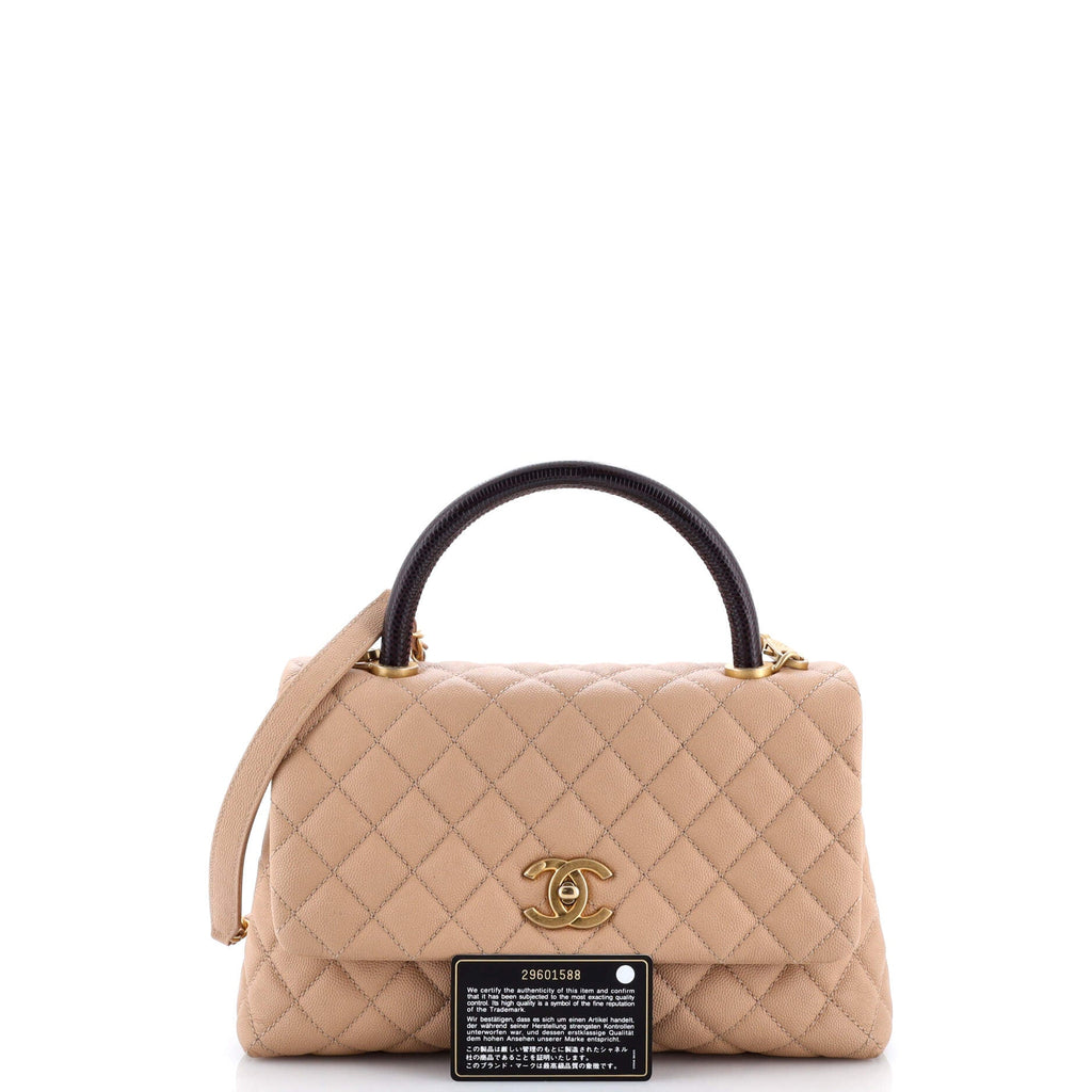 Coco Top Handle Bag Quilted Caviar with Lizard Embossed Handle Small