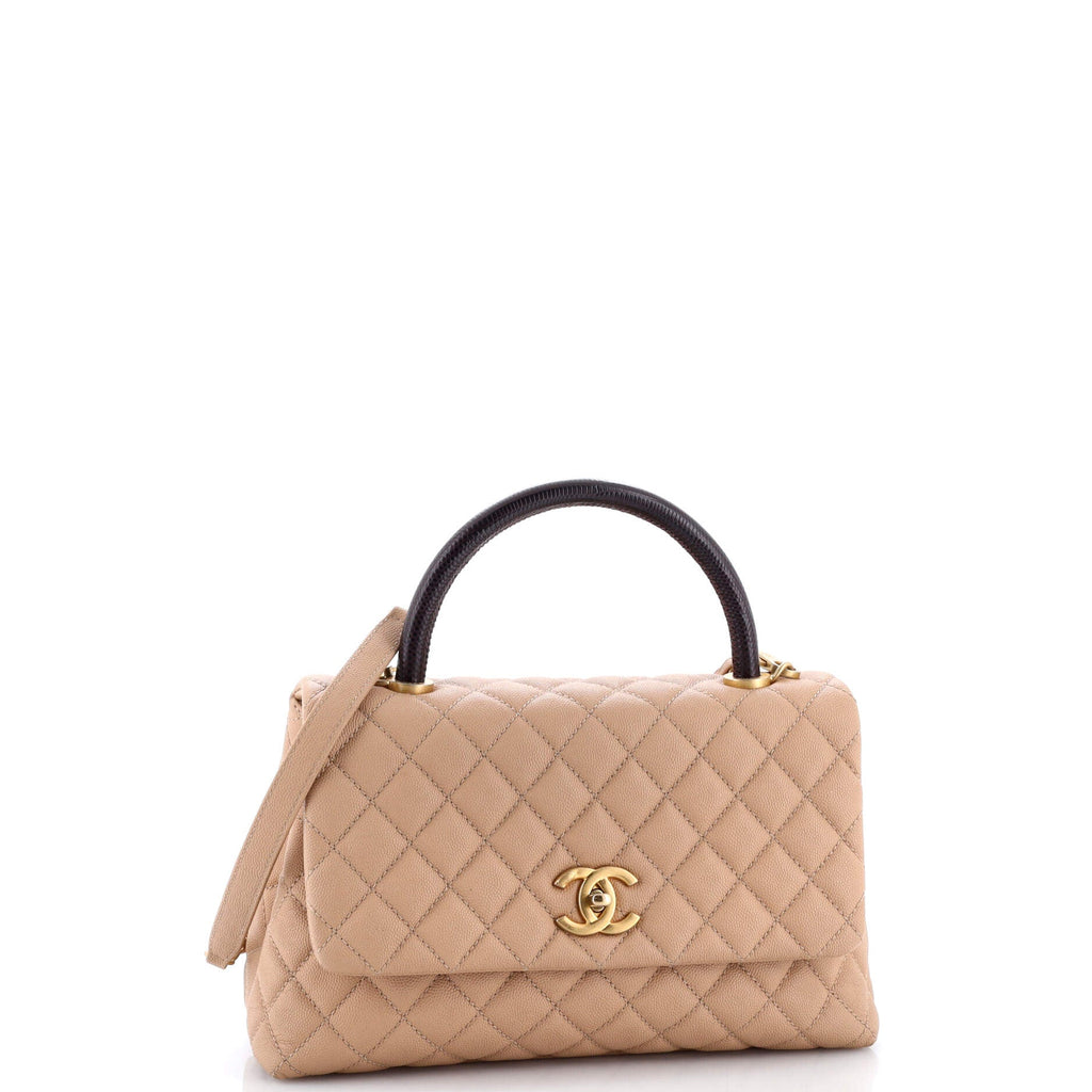 Coco Top Handle Bag Quilted Caviar with Lizard Embossed Handle Small