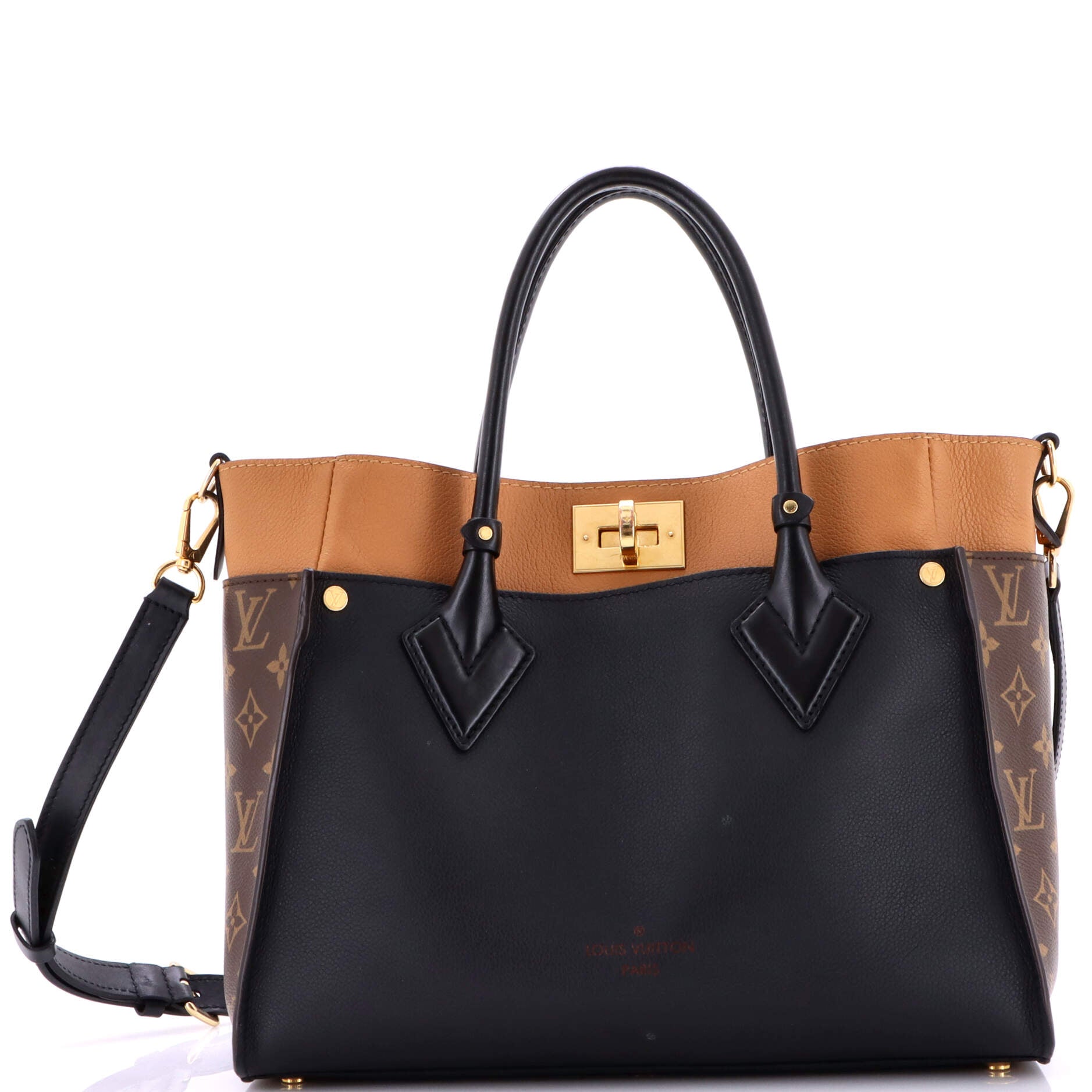 On My Side Tote Leather with Monogram Canvas MM
