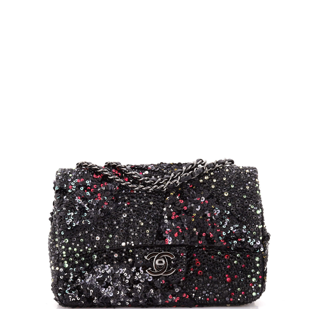 CC Flap Bag Crystal and Sequin Embellished Satin Mini