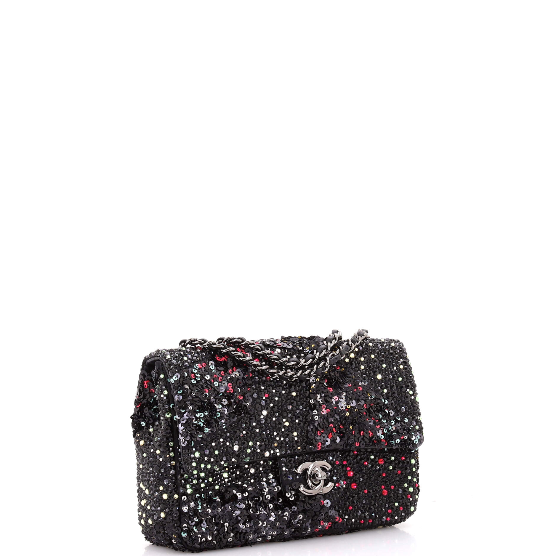 CC Flap Bag Crystal and Sequin Embellished Satin Mini