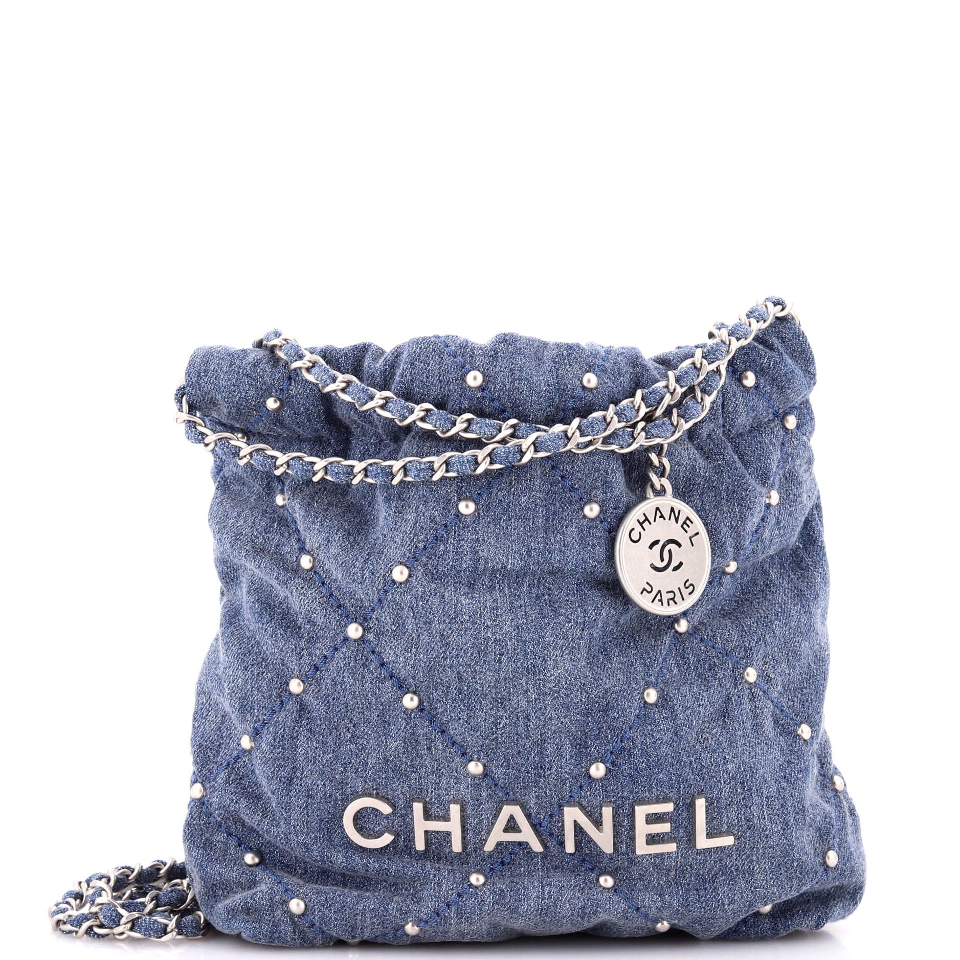 22 Chain Hobo Quilted Studded Denim Mini