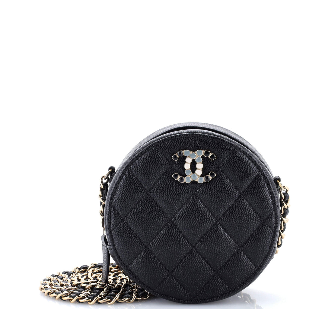 Round Clutch with Chain Quilted Caviar with Lacquered Metal
