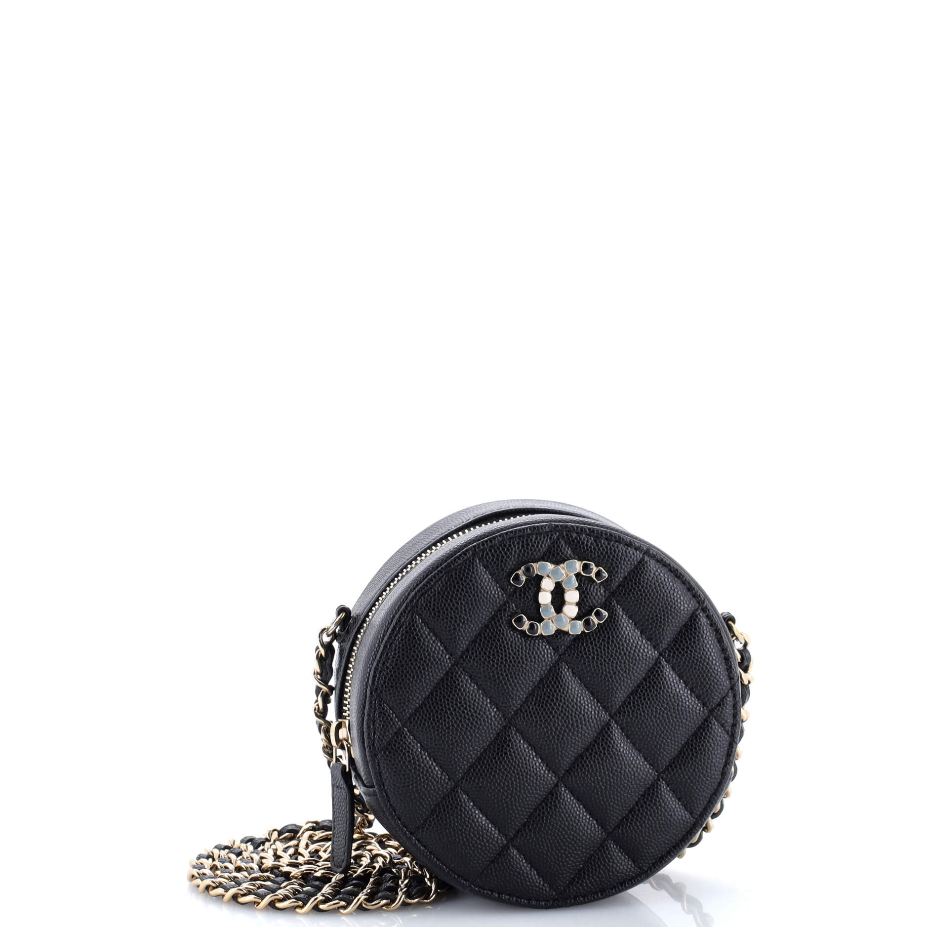 Round Clutch with Chain Quilted Caviar with Lacquered Metal