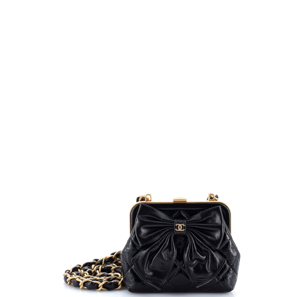 Bow Frame Clutch With Chain Quilted Patent with Lambskin Mini