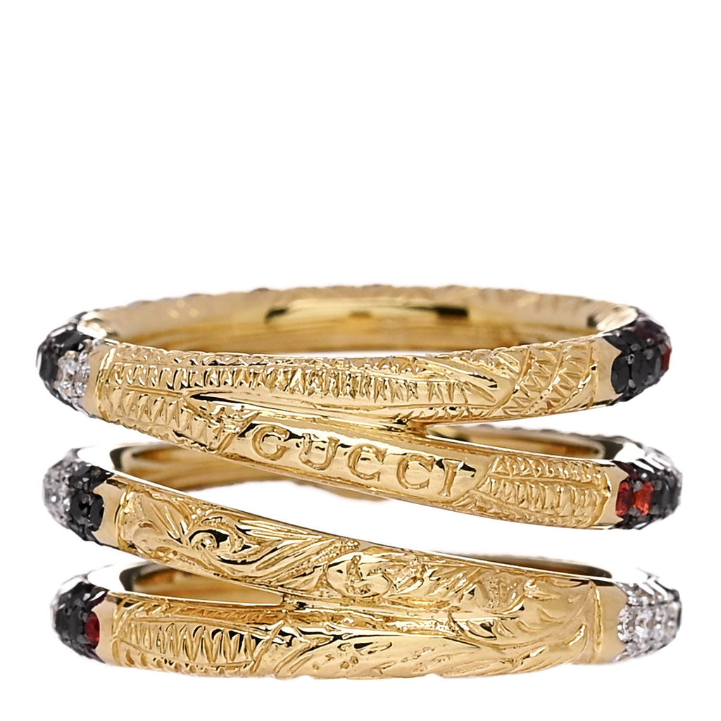 18K Yellow Gold Black Diamond Topaz Sapphire Diamond Ouroboros Snake Three-Row Ring 53 6.25