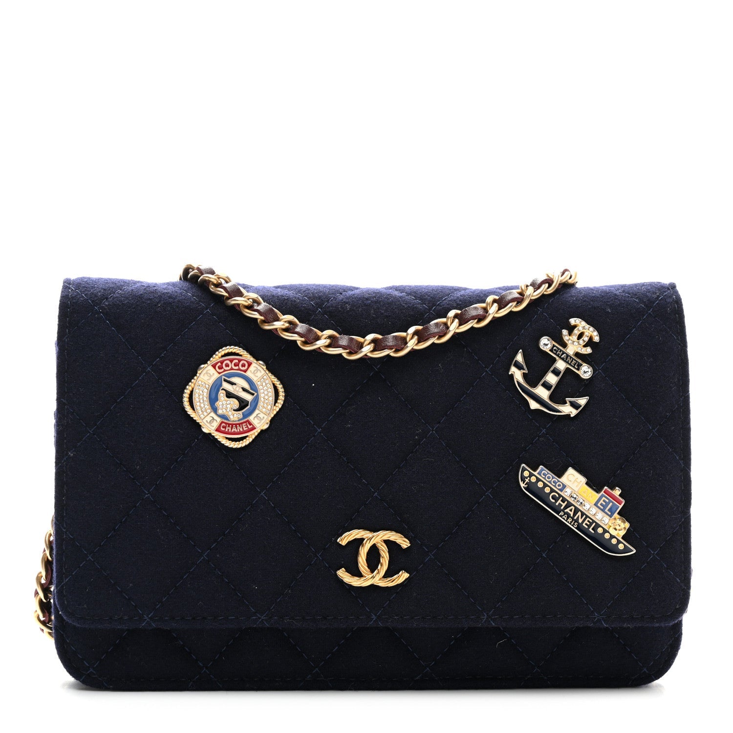 Felt Quilted Paris-Hamburg Charms Wallet On Chain WOC Dark Navy