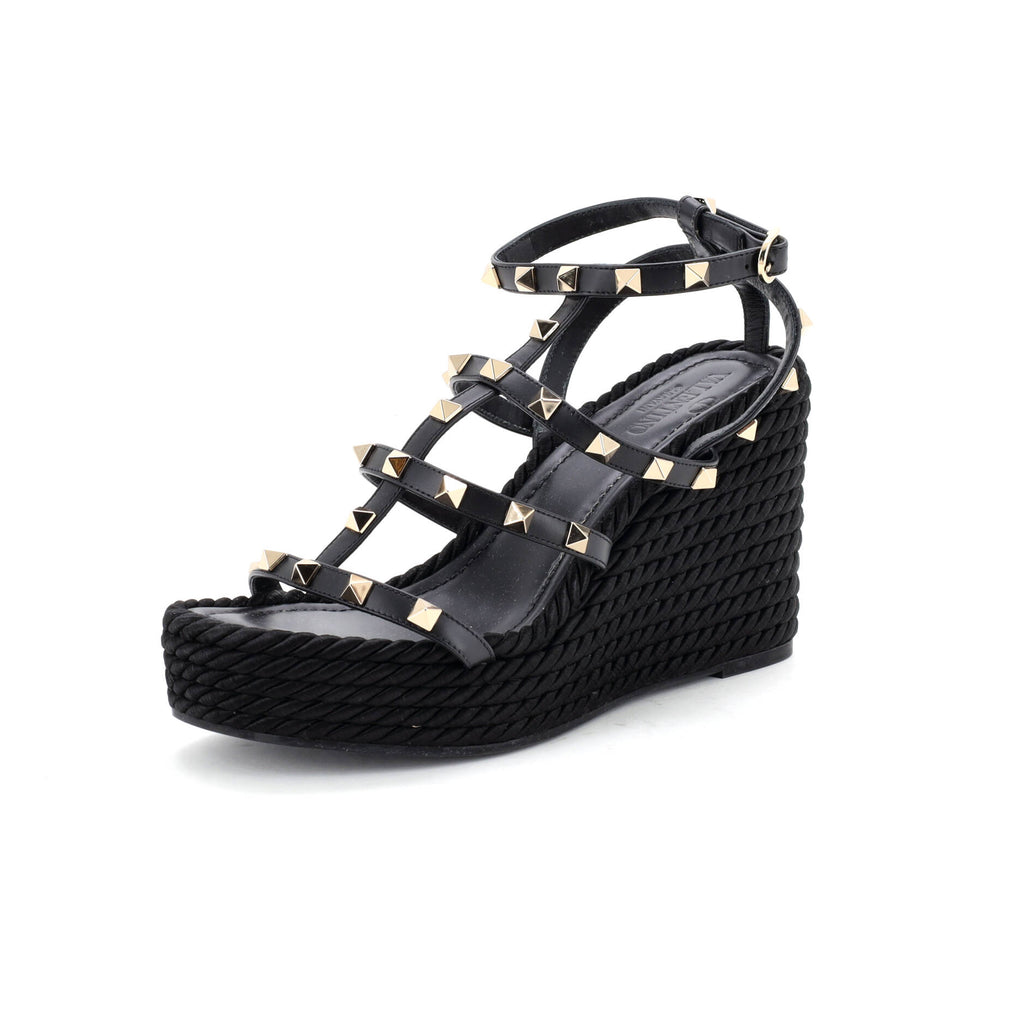 Women's Rockstud Caged Wedge Sandals Leather with Rope Detail
