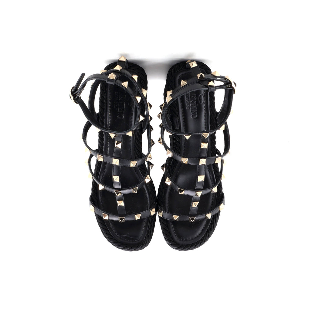 Women's Rockstud Caged Wedge Sandals Leather with Rope Detail