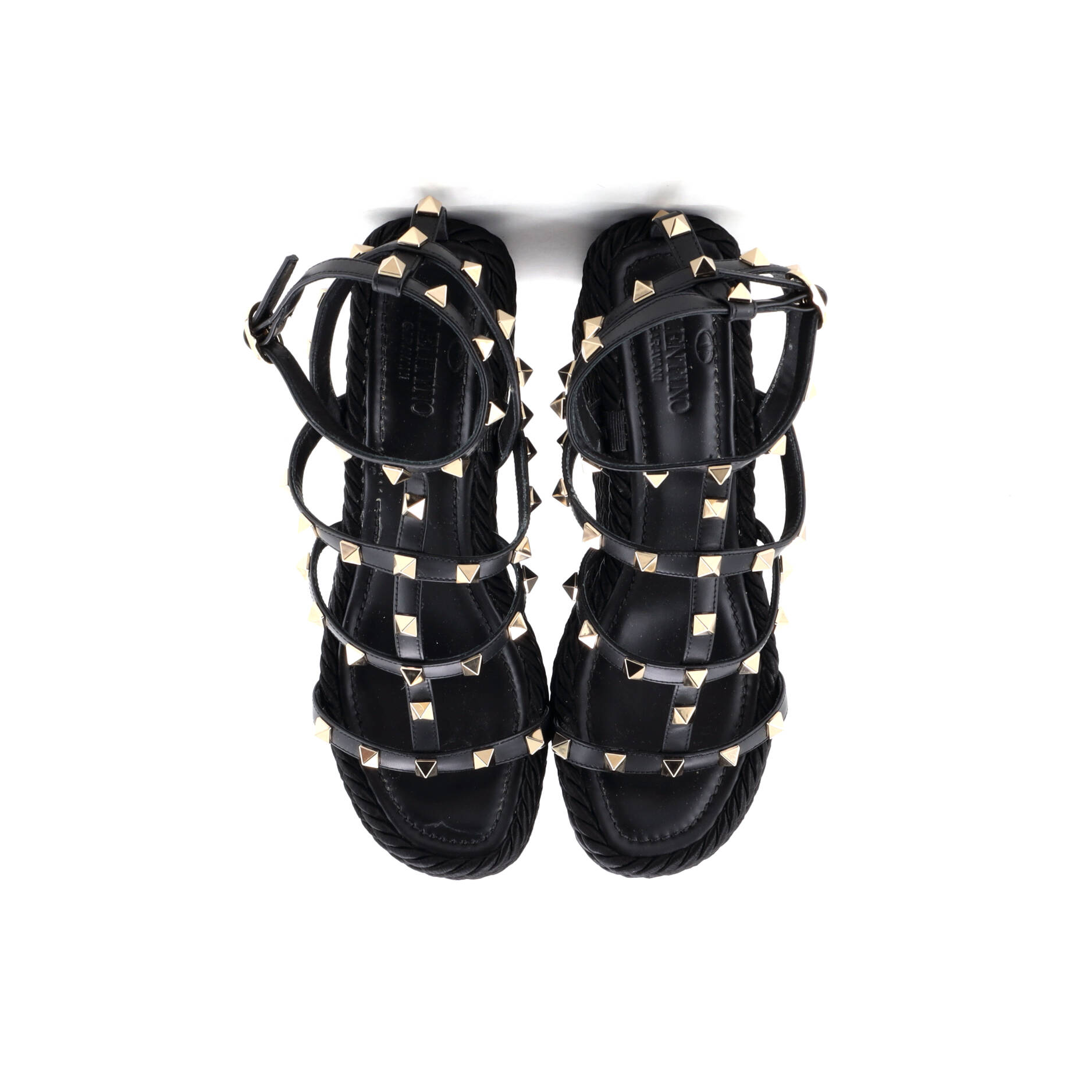 Women's Rockstud Caged Wedge Sandals Leather with Rope Detail
