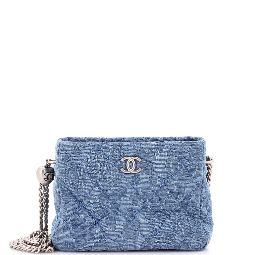 Sweet Heart Chain Crossbody Bag Quilted Camellia Denim Mini