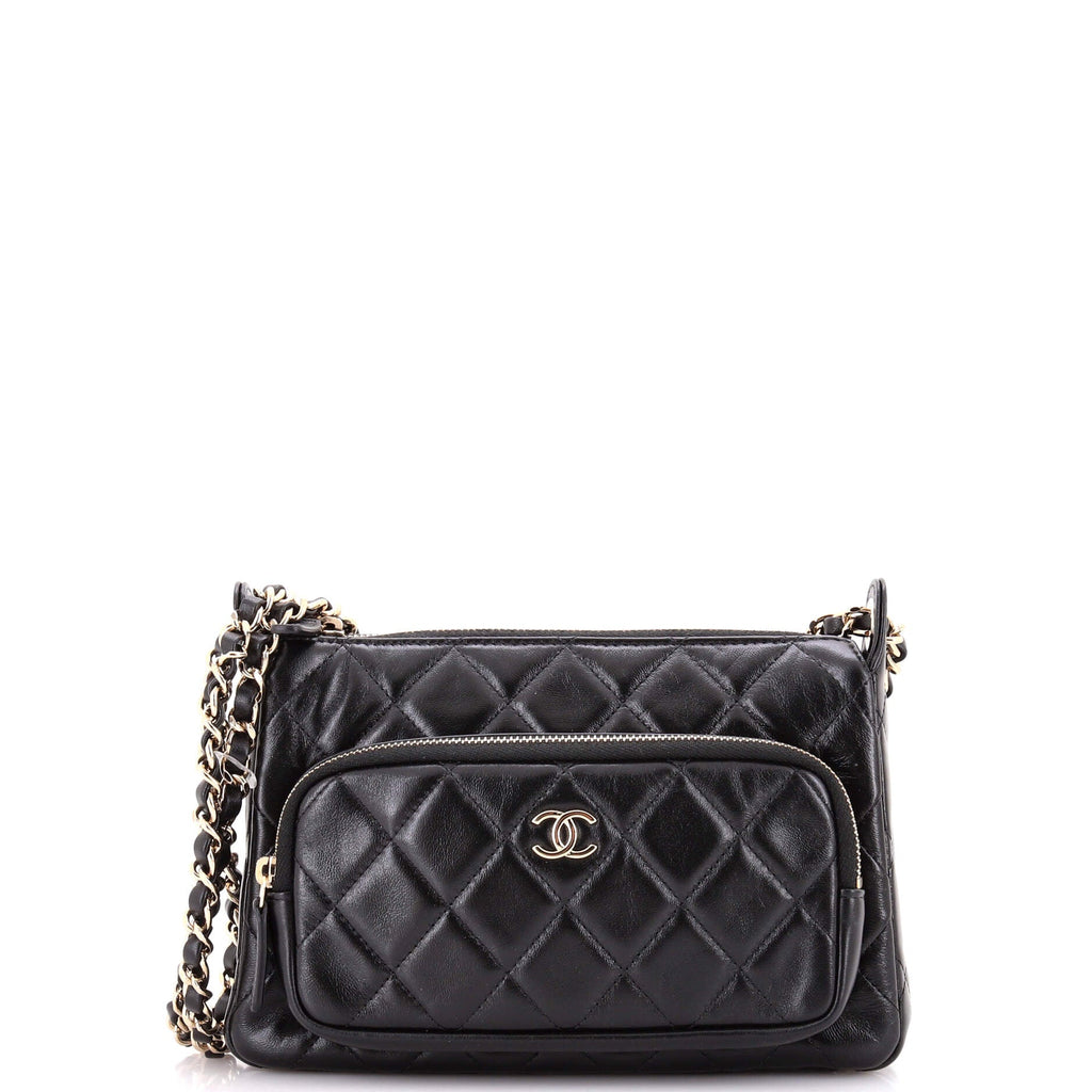 CC Front Pocket Zip Clutch with Chain Quilted Lambskin Large