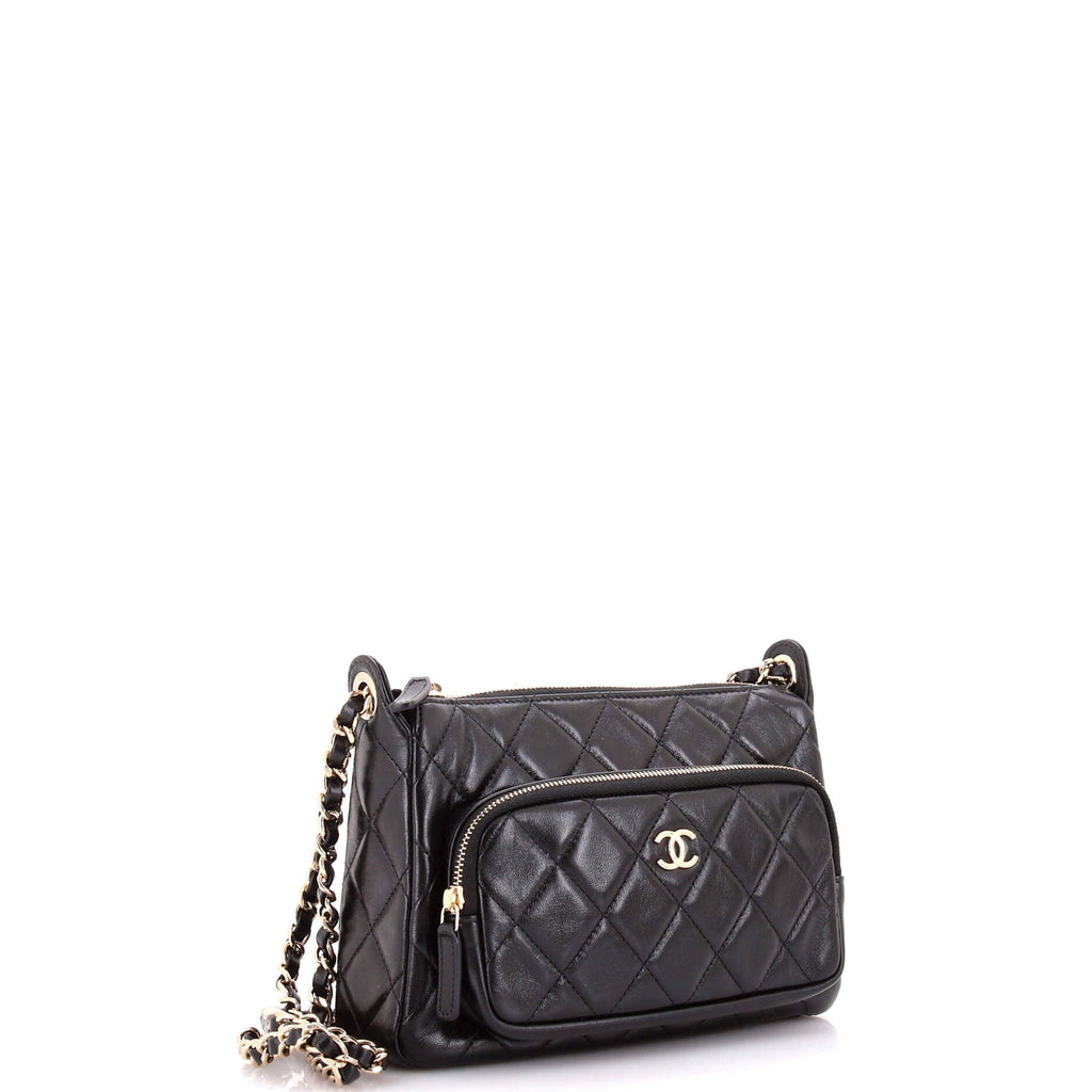 CC Front Pocket Zip Clutch with Chain Quilted Lambskin Large