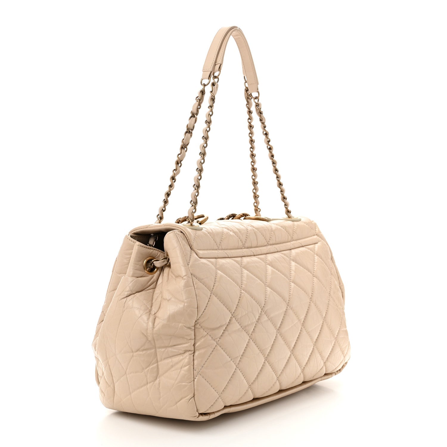 Aged Calfskin Quilted Large Pondichery Flap Beige