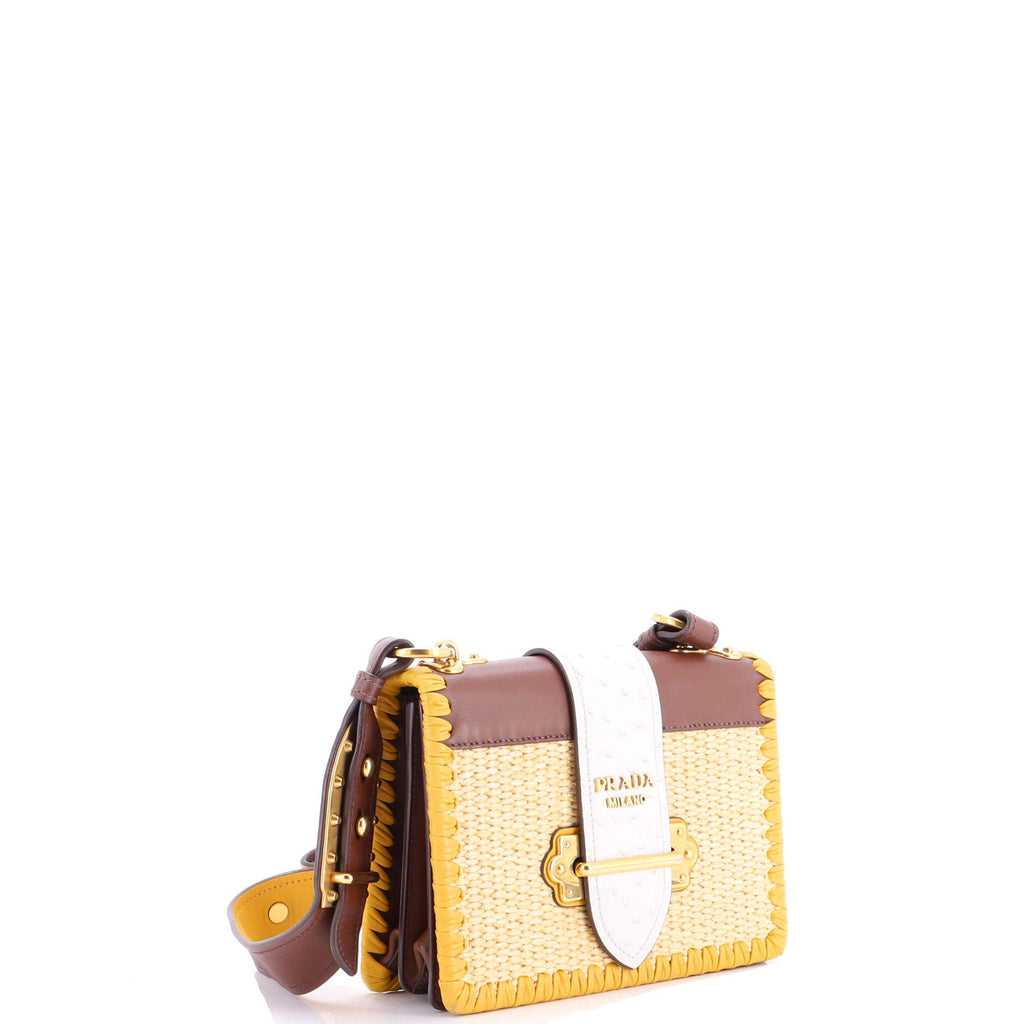 Cahier Crossbody Bag Straw and Leather with Ostrich Small