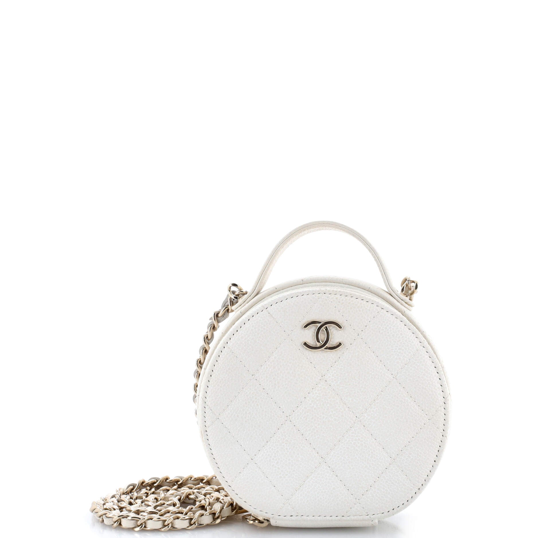 Handle with Care Round Vanity Case with Chain Quilted Caviar Small