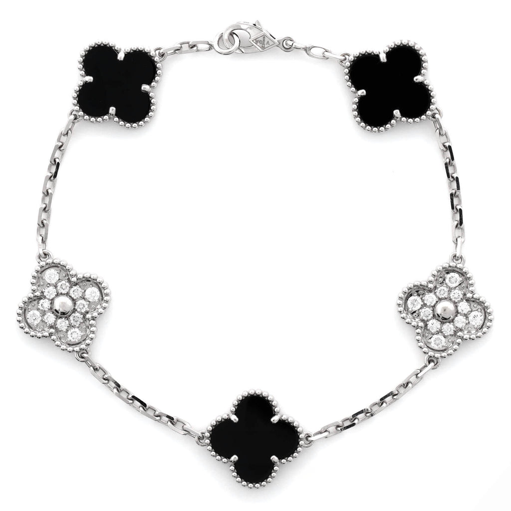 Vintage Alhambra 5 Motifs Bracelet 18K White Gold and Onyx with Diamonds