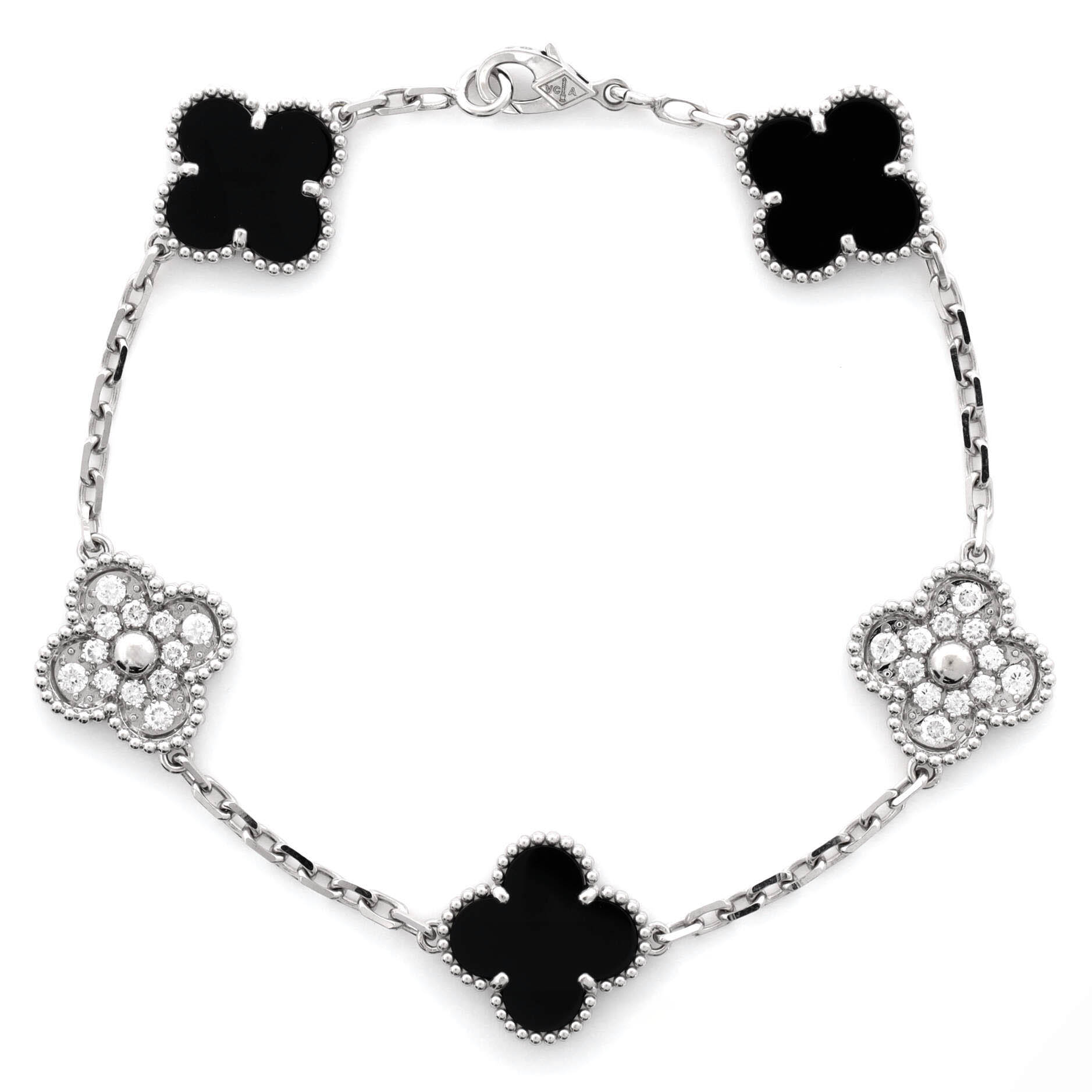 Vintage Alhambra 5 Motifs Bracelet 18K White Gold and Onyx with Diamonds