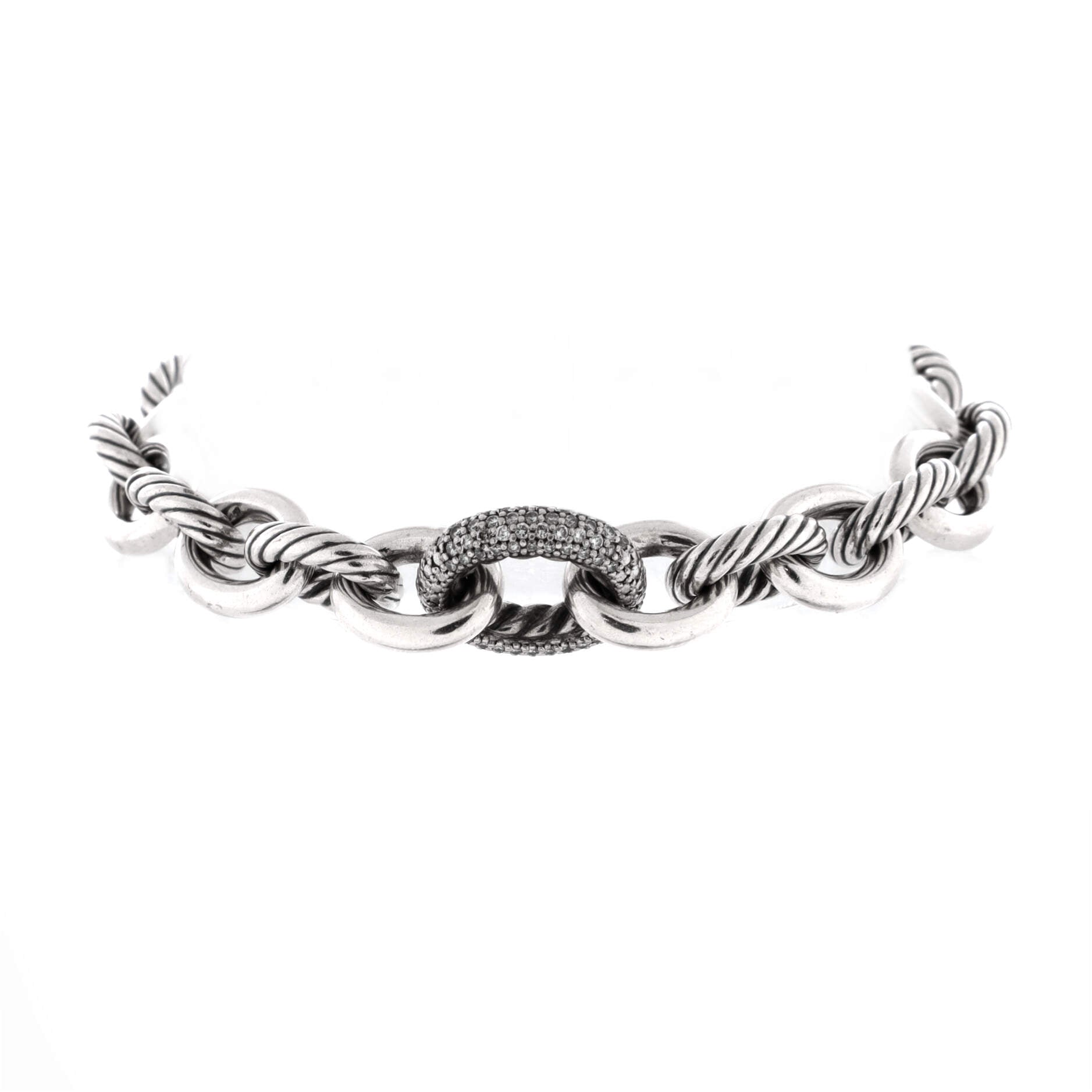 Oval Link Bracelet Sterling Silver with Diamonds Large