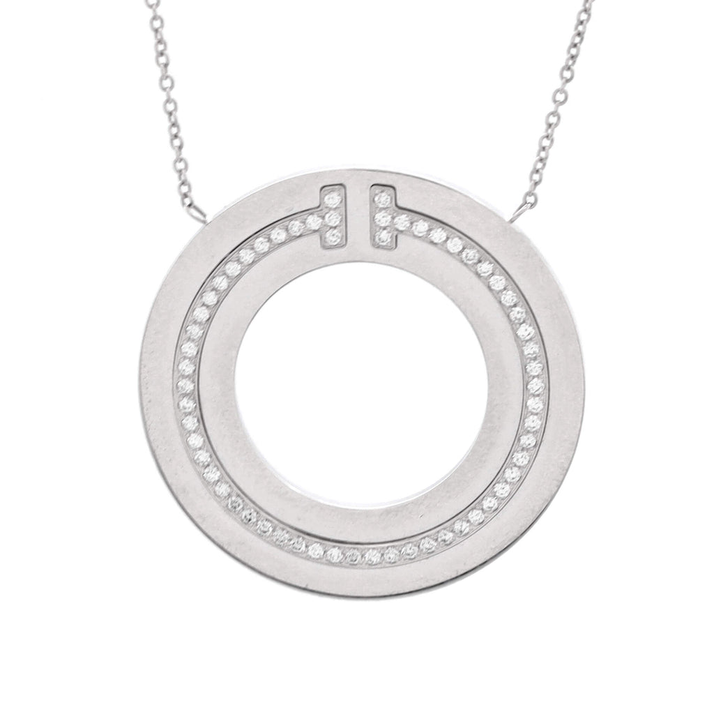 T Circle Pendant Necklace 18K White Gold with Diamonds Large