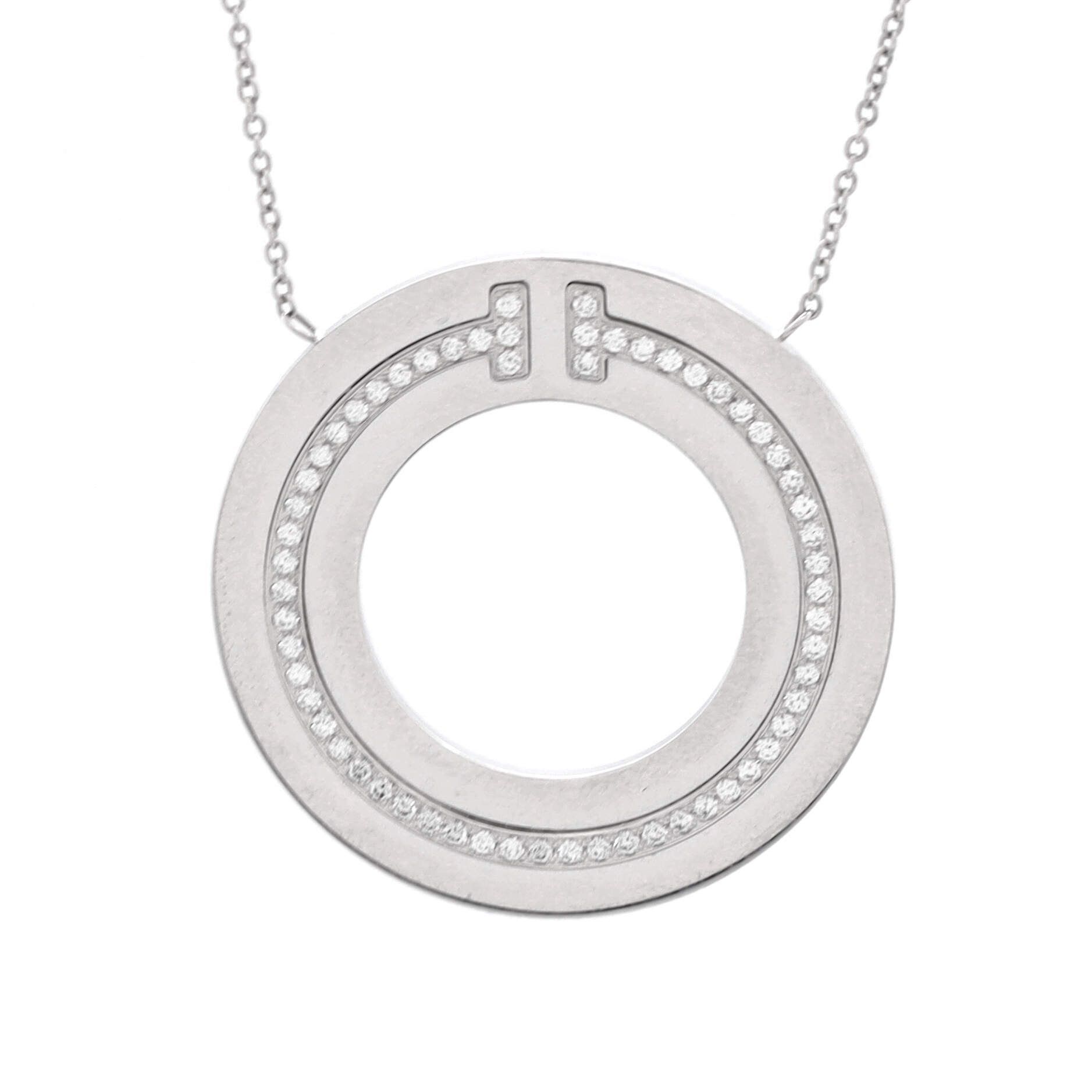 T Circle Pendant Necklace 18K White Gold with Diamonds Large