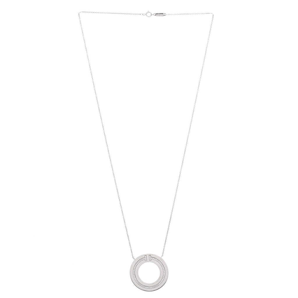 T Circle Pendant Necklace 18K White Gold with Diamonds Large