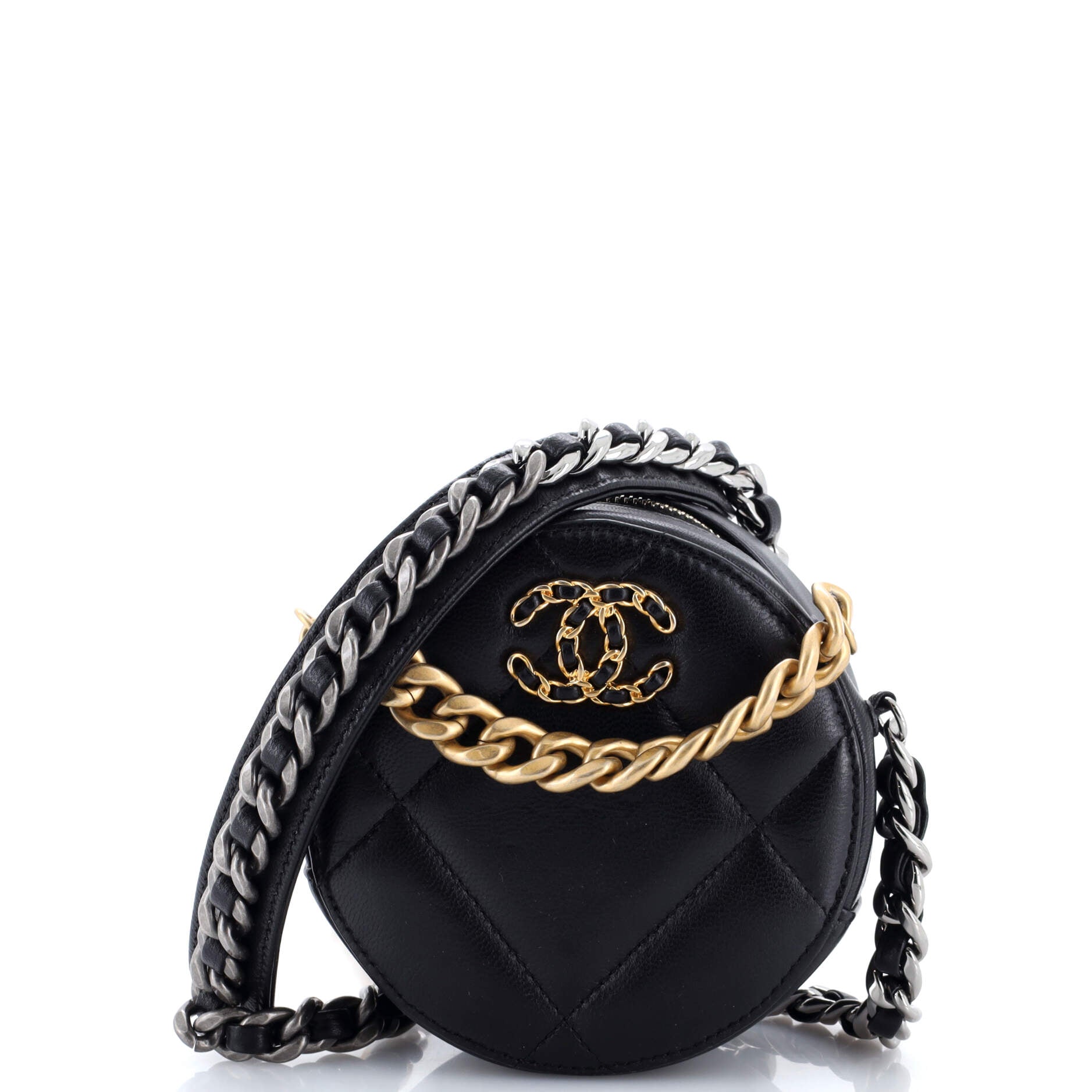 19 Round Clutch with Chain Quilted Leather