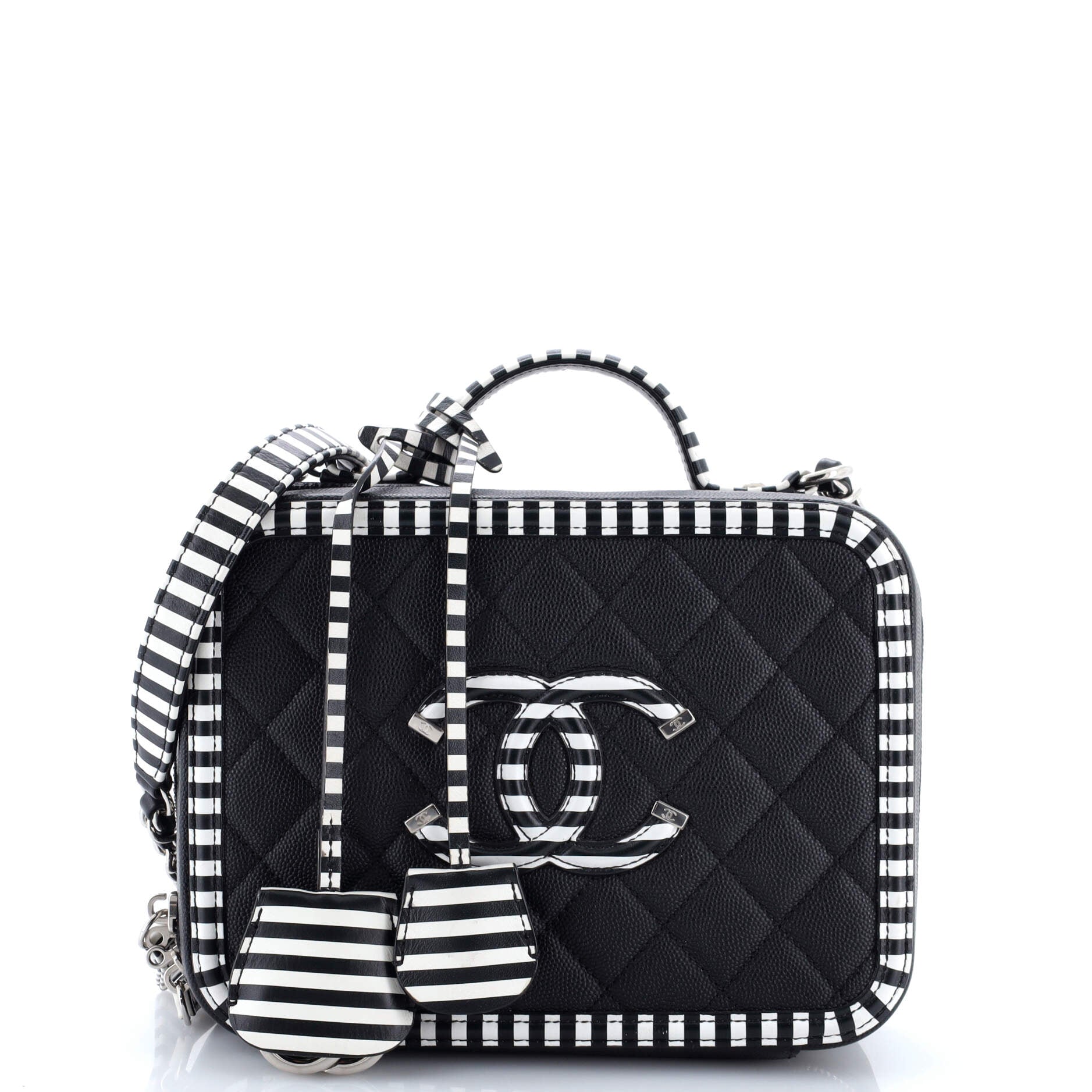 Filigree Vanity Case Quilted Caviar with Striped Leather Large