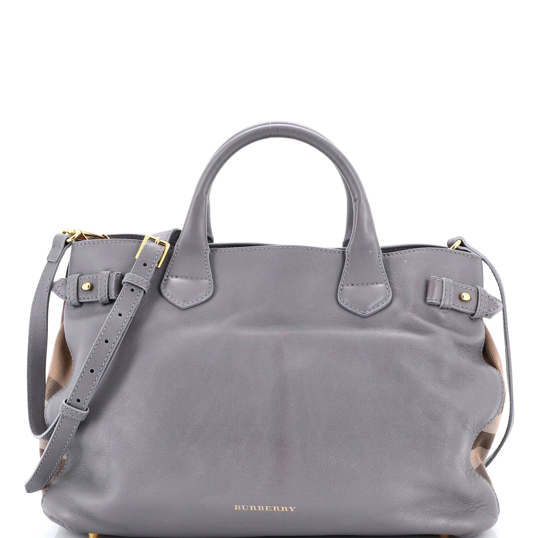 Banner Tote Leather and House Check Canvas Medium