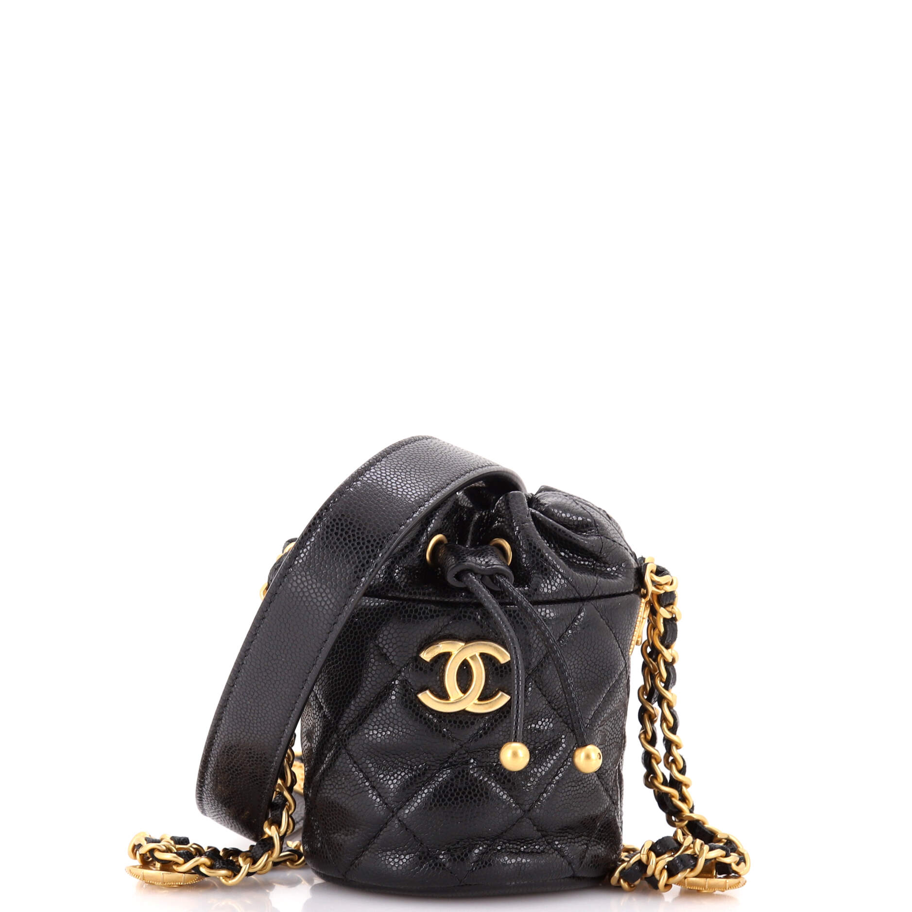 Twist Your Buttons Drawstring Bucket Bag Quilted Caviar Mini