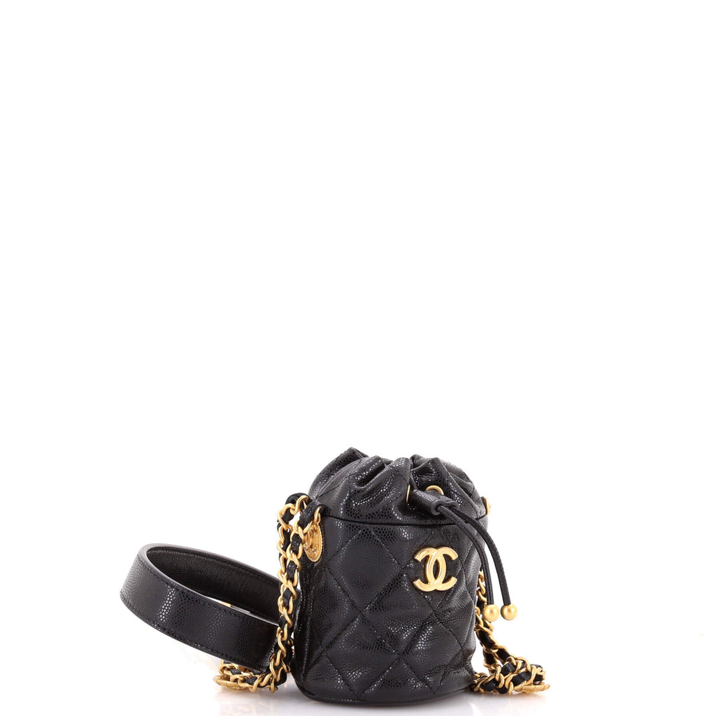 Twist Your Buttons Drawstring Bucket Bag Quilted Caviar Mini
